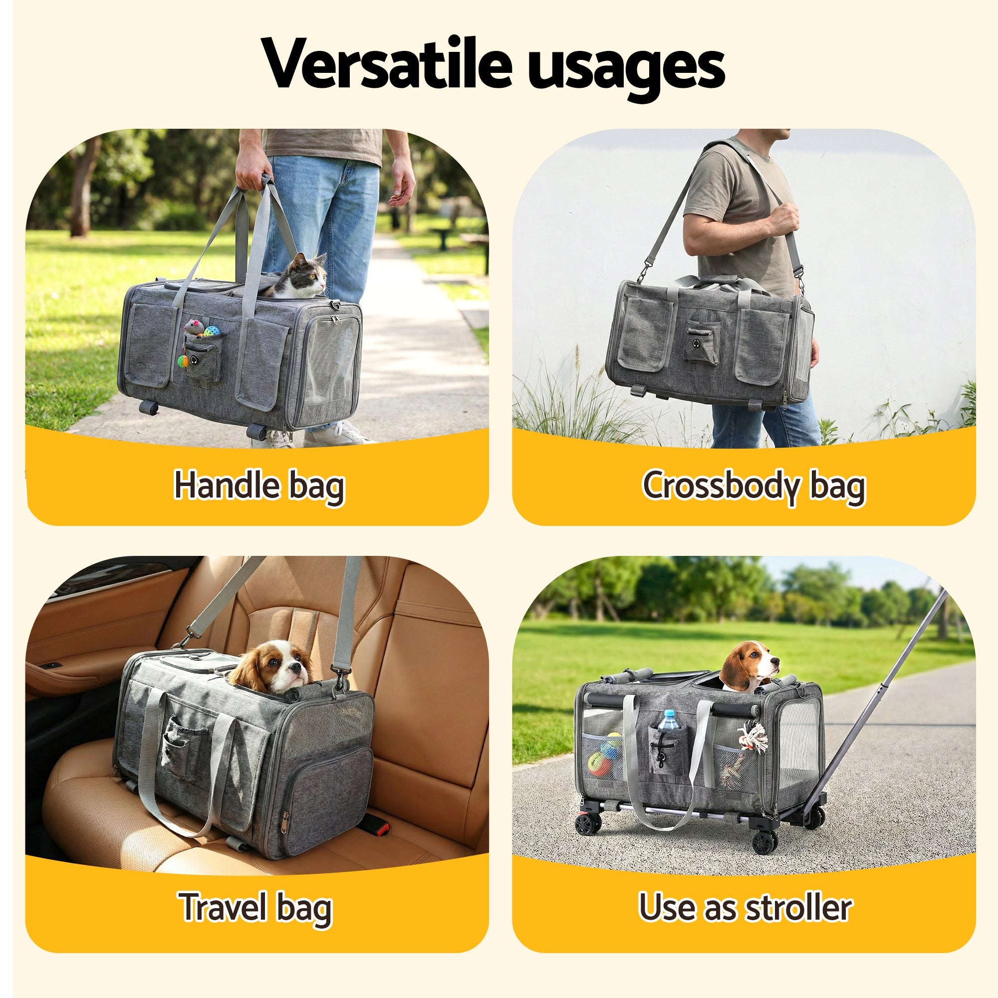 Pet Carrier Swivel Wheels Foldable Cat Dog Trolley Stroller Travel Bag Grey - Pet Care > Dog Supplies > Dog Carriers & Crates - Rivercity House & Home Co. (ABN 18 642 972 209) - Affordable Modern Furniture Australia