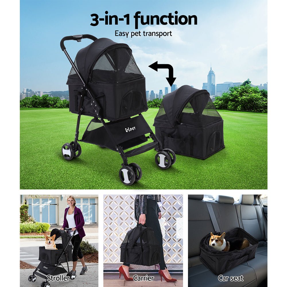 Pet Stroller Dog Pram Cat Carrier Travel Large Pushchair Foldable 4 Wheels Black - Pet Care > Cat Supplies > Cat Carriers & Crates - Rivercity House & Home Co. (ABN 18 642 972 209) - Affordable Modern Furniture Australia