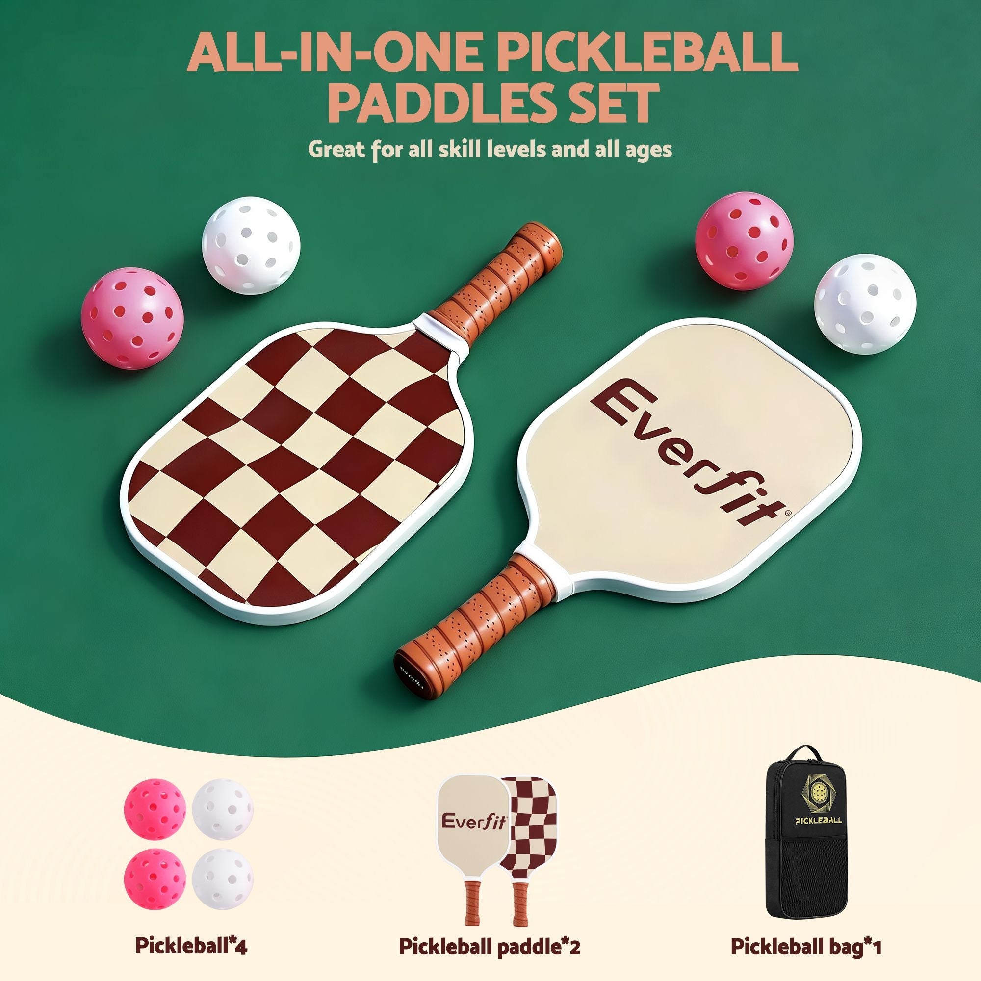 Pickleball Paddle Set Fibreglass Racquet Honeycomb Core With Bag Brown - Sports & Fitness > Racquet Sports > Pickleball - Rivercity House & Home Co. (ABN 18 642 972 209) - Affordable Modern Furniture Australia