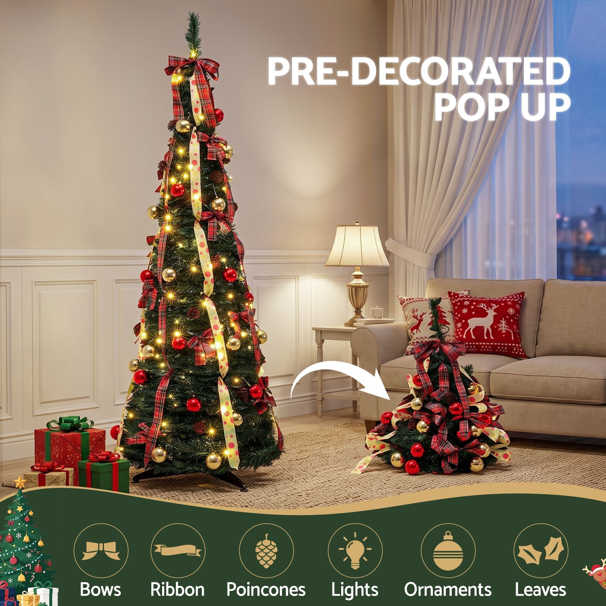 Pop Up Christmas Tree Pre Decorated Artificial Christmas Tree 197cm - Occasions > Christmas > Christmas Trees - Rivercity House & Home Co. (ABN 18 642 972 209) - Affordable Modern Furniture Australia