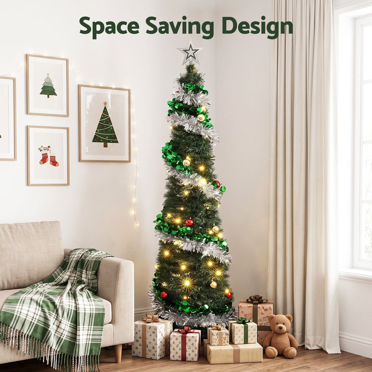 Pop Up Christmas Tree Pre Decorated Warm White LED 155cm - Occasions > Christmas > Christmas Trees - Rivercity House & Home Co. (ABN 18 642 972 209) - Affordable Modern Furniture Australia