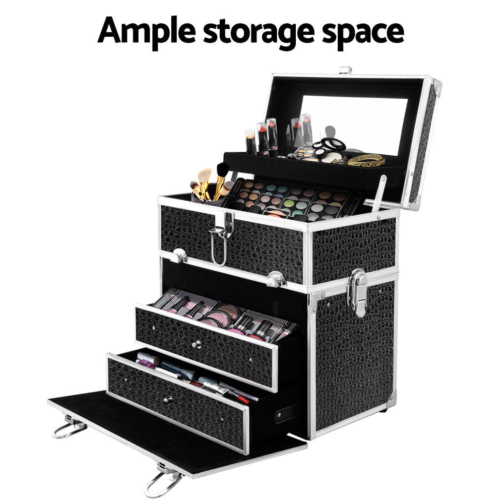 Portable Cosmetic Beauty Makeup Carry Case with Mirror - Crocodile Black - Health & Beauty > Cosmetic Storage > Cosmetic & Toiletry Bags - Rivercity House & Home Co. (ABN 18 642 972 209) - Affordable Modern Furniture Australia