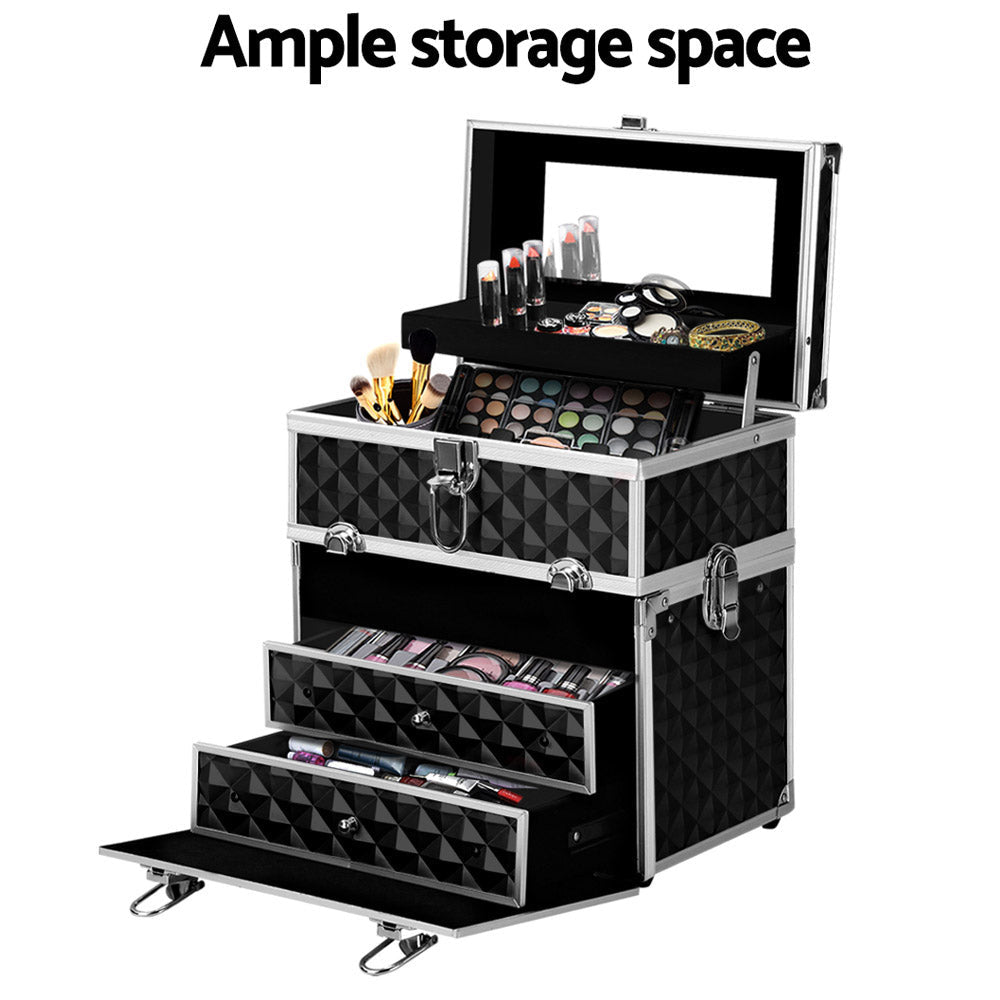 Portable Cosmetic Beauty Makeup Carry Case with Mirror - Diamond Black - Health & Beauty > Cosmetic Storage > Cosmetic & Toiletry Bags - Rivercity House & Home Co. (ABN 18 642 972 209) - Affordable Modern Furniture Australia