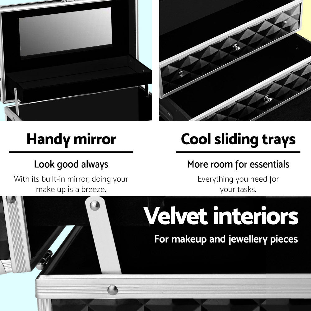 Portable Cosmetic Beauty Makeup Carry Case with Mirror - Diamond Black - Health & Beauty > Cosmetic Storage > Cosmetic & Toiletry Bags - Rivercity House & Home Co. (ABN 18 642 972 209) - Affordable Modern Furniture Australia