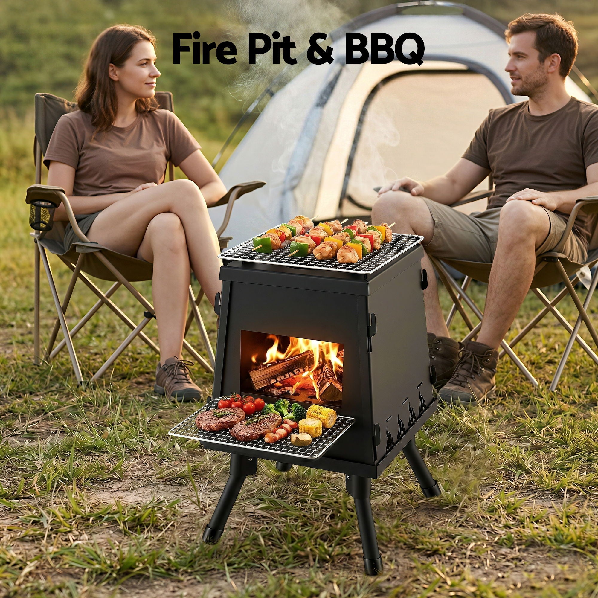 Portable Fire Pit BBQ Outdoor Fireplace Camping Stove for Boiling Water and BBQ - Black - Home & Garden > Firepits > Fire Pits - Rivercity House & Home Co. (ABN 18 642 972 209) - Affordable Modern Furniture Australia