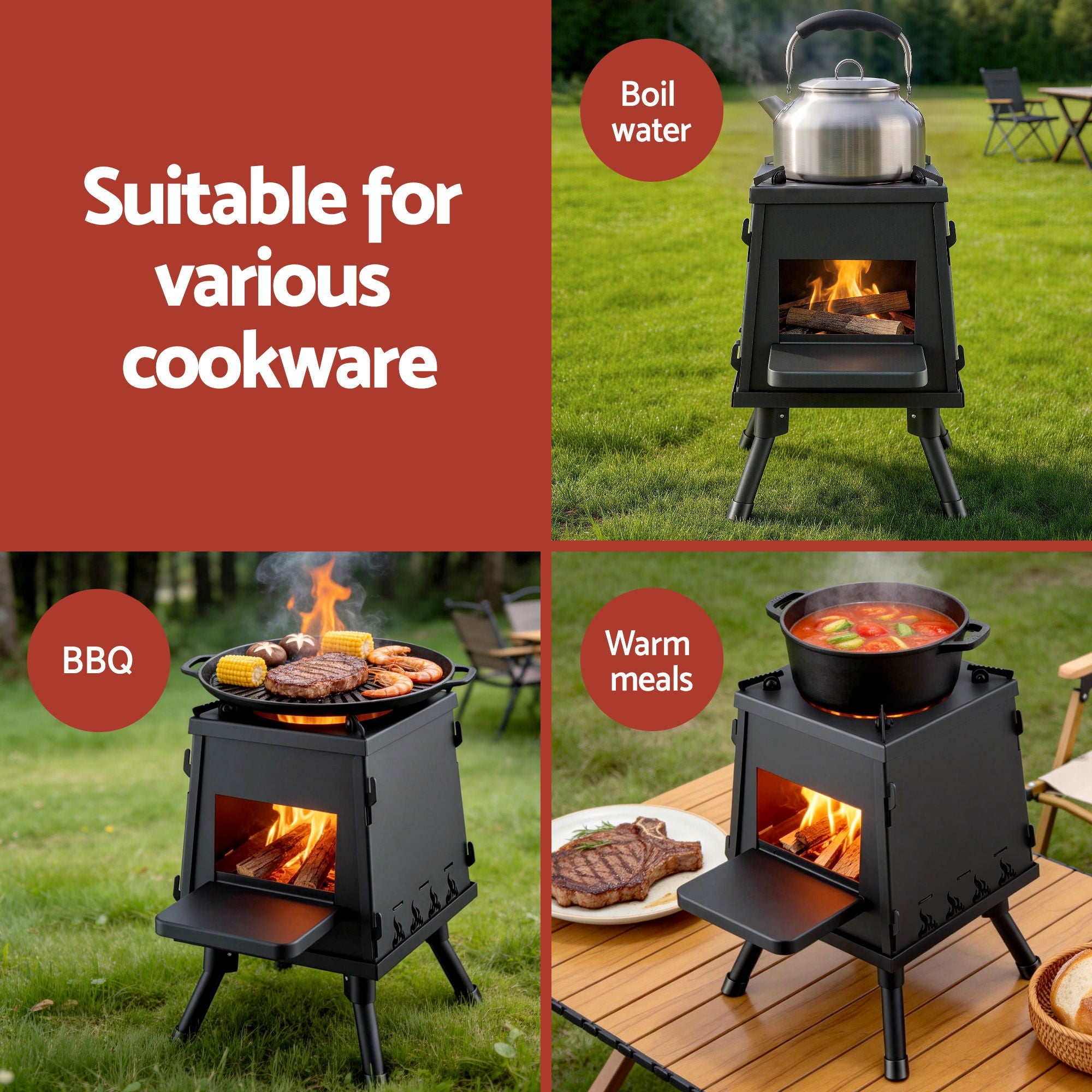 Portable Fire Pit BBQ Outdoor Fireplace Camping Stove for Boiling Water and BBQ - Black - Home & Garden > Firepits > Fire Pits - Rivercity House & Home Co. (ABN 18 642 972 209) - Affordable Modern Furniture Australia