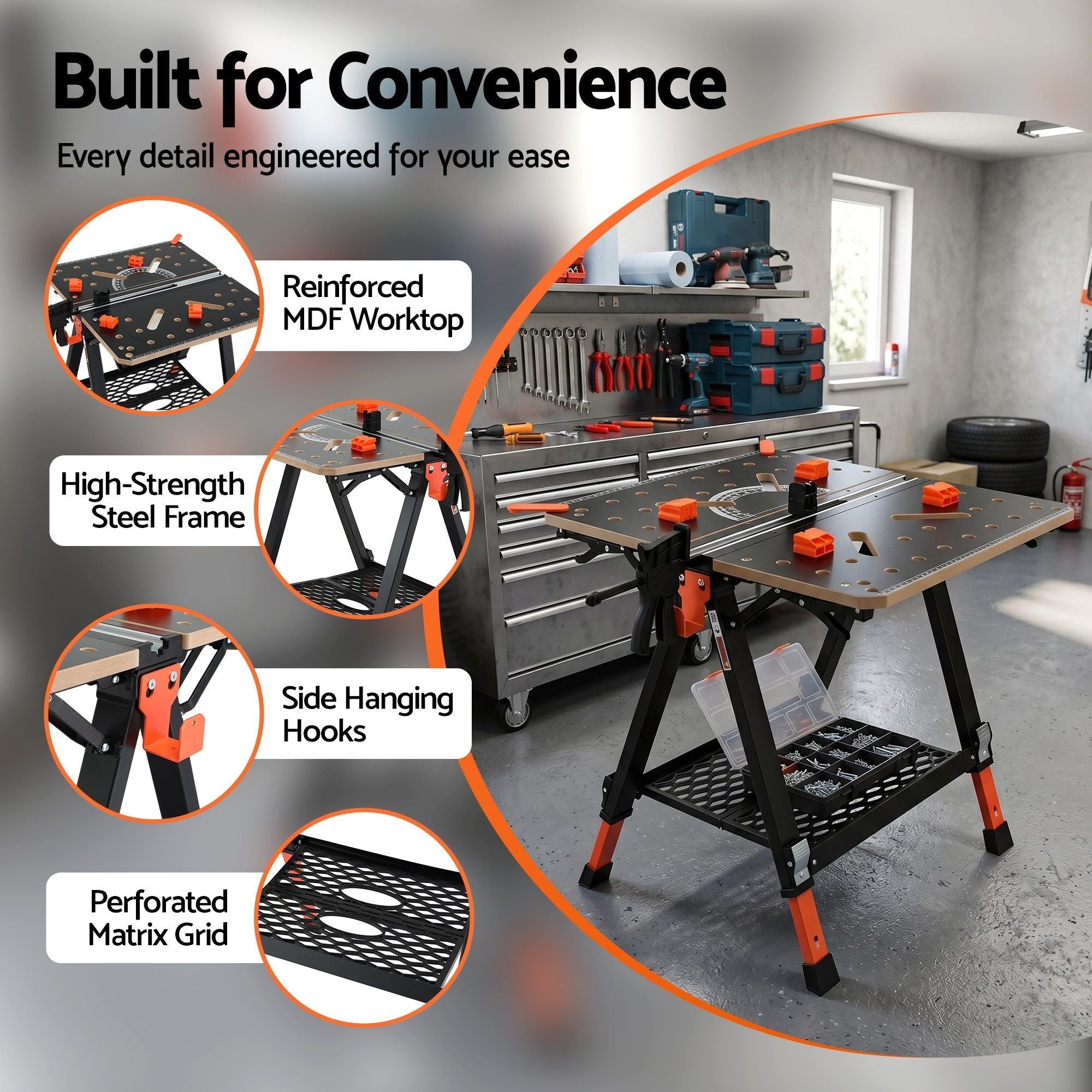 Portable Folding Work Table 454kg Adjustable Workbench - Tools > Tools Storage > Work Benches - Rivercity House & Home Co. (ABN 18 642 972 209) - Affordable Modern Furniture Australia