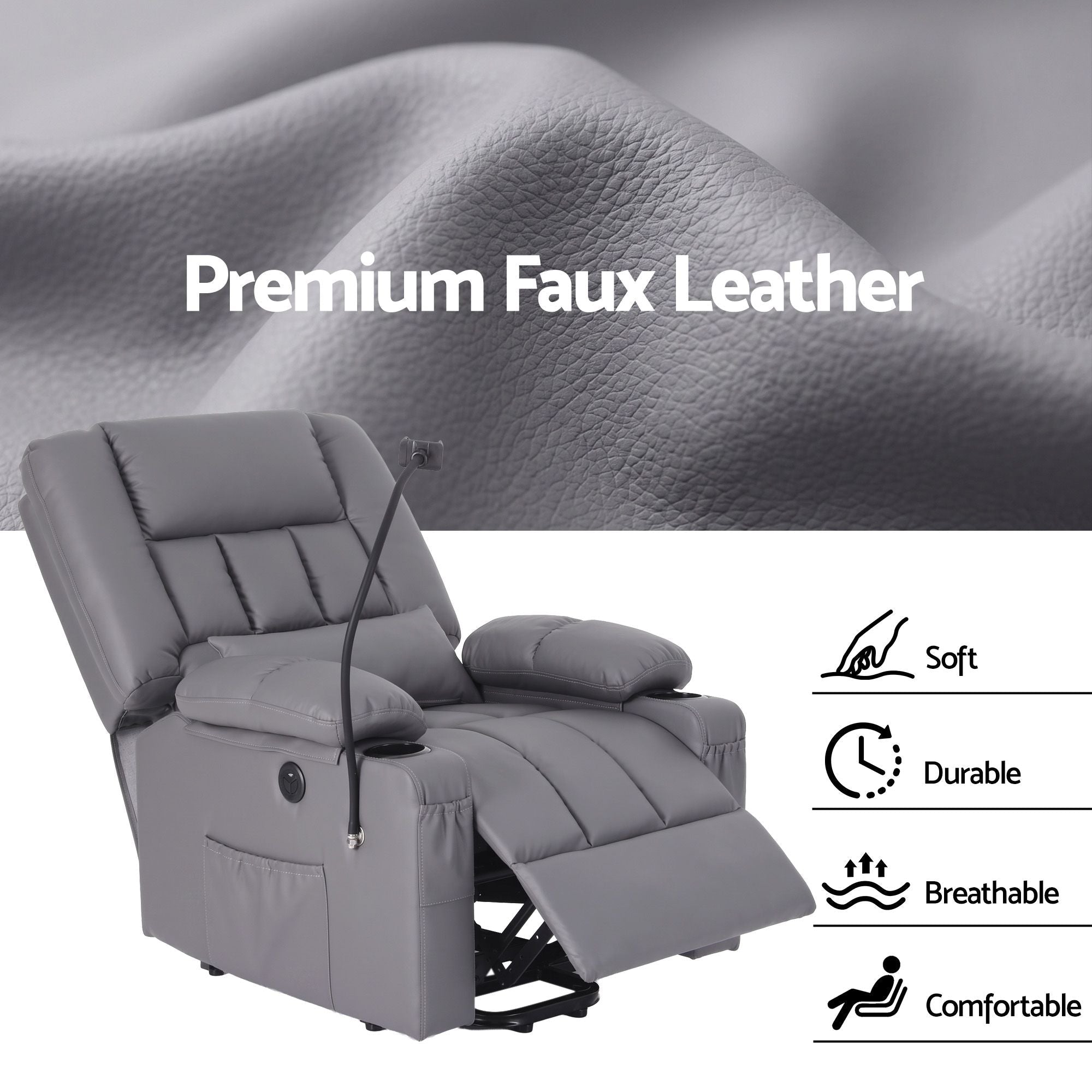 Power Lift Recliner Chair with Massage and Heat for Elderly, Electric Sofa Reclining Chair with USB and Phone Holder, PU Leather Comfy Armchair for Living Room, 2 Cup Holder & 4 Pockets, Grey - Furniture > Bar Stools & Chairs > Arm Chairs & Recliners - Rivercity House & Home Co. (ABN 18 642 972 209) - Affordable Modern Furniture Australia