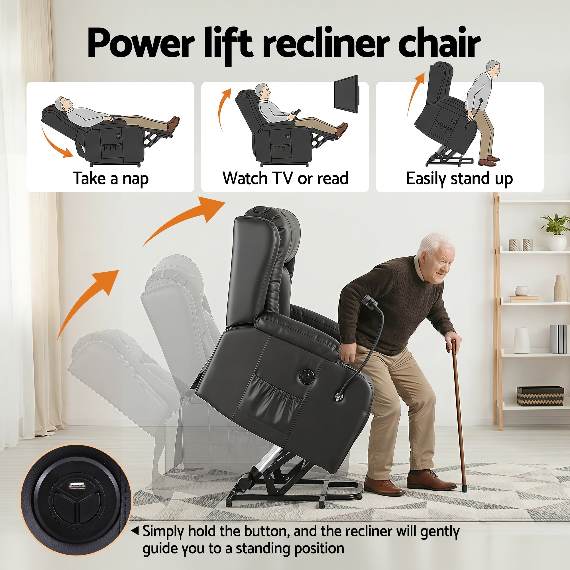 Power Lift Recliner Chair with Massage and Heat for Elderly, Electric Sofa Reclining Chair with USB and Phone Holder, PU Leather Comfy Armchair for Living Room, 2 Cup Holder & 4 Pockets, Black - Furniture > Bar Stools & Chairs > Arm Chairs & Recliners - Rivercity House & Home Co. (ABN 18 642 972 209) - Affordable Modern Furniture Australia