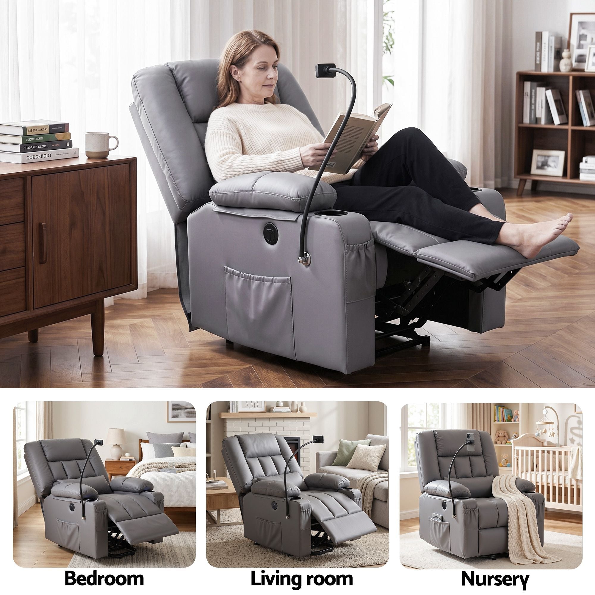 Power Lift Recliner Chair with Massage and Heat for Elderly, Electric Sofa Reclining Chair with USB and Phone Holder, PU Leather Comfy Armchair for Living Room, 2 Cup Holder & 4 Pockets, Grey - Furniture > Bar Stools & Chairs > Arm Chairs & Recliners - Rivercity House & Home Co. (ABN 18 642 972 209) - Affordable Modern Furniture Australia