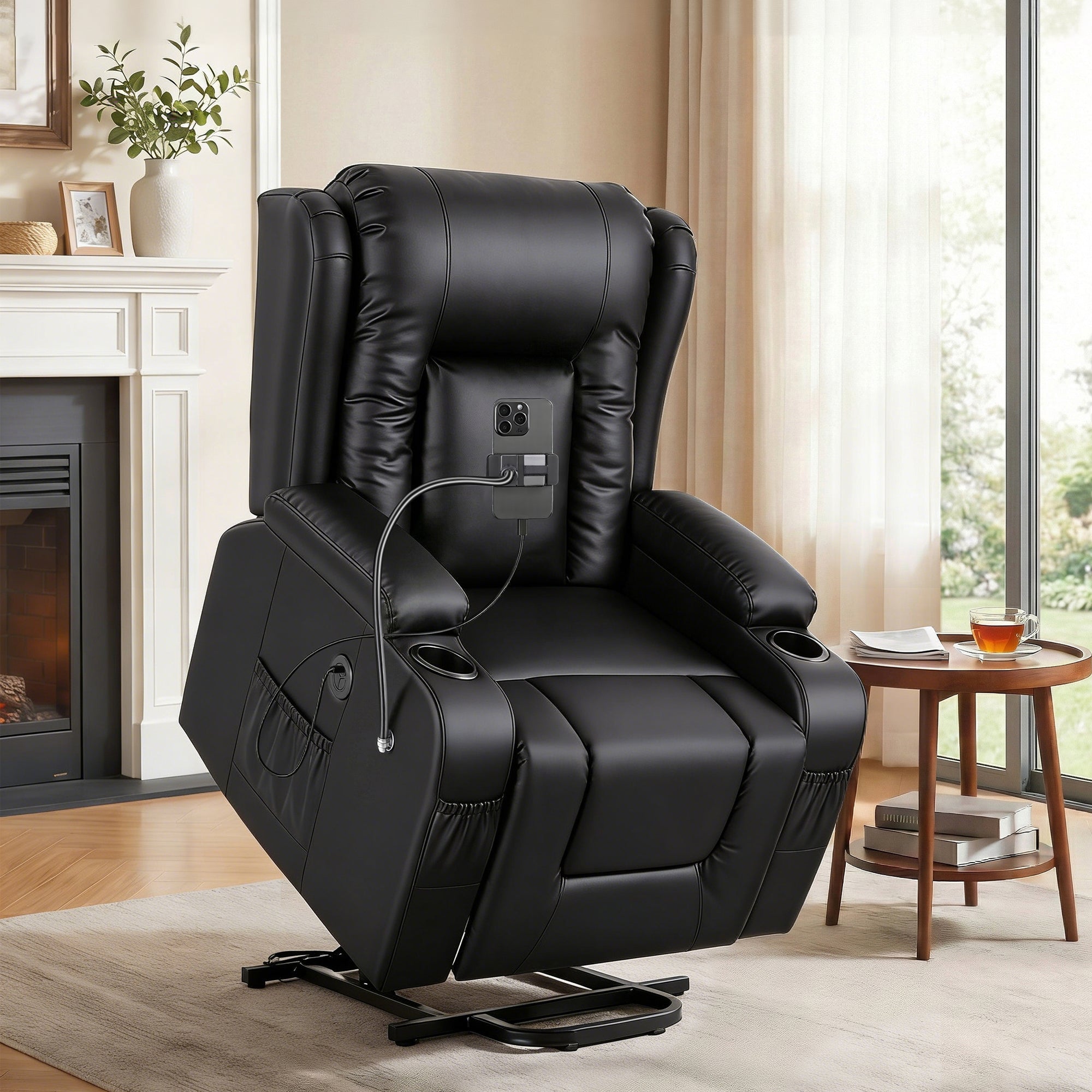 Power Lift Recliner Chair with Massage and Heat for Elderly, Electric Sofa Reclining Chair with USB and Phone Holder, PU Leather Comfy Armchair for Living Room, 2 Cup Holder & 4 Pockets, Black - Furniture > Bar Stools & Chairs > Arm Chairs & Recliners - Rivercity House & Home Co. (ABN 18 642 972 209) - Affordable Modern Furniture Australia