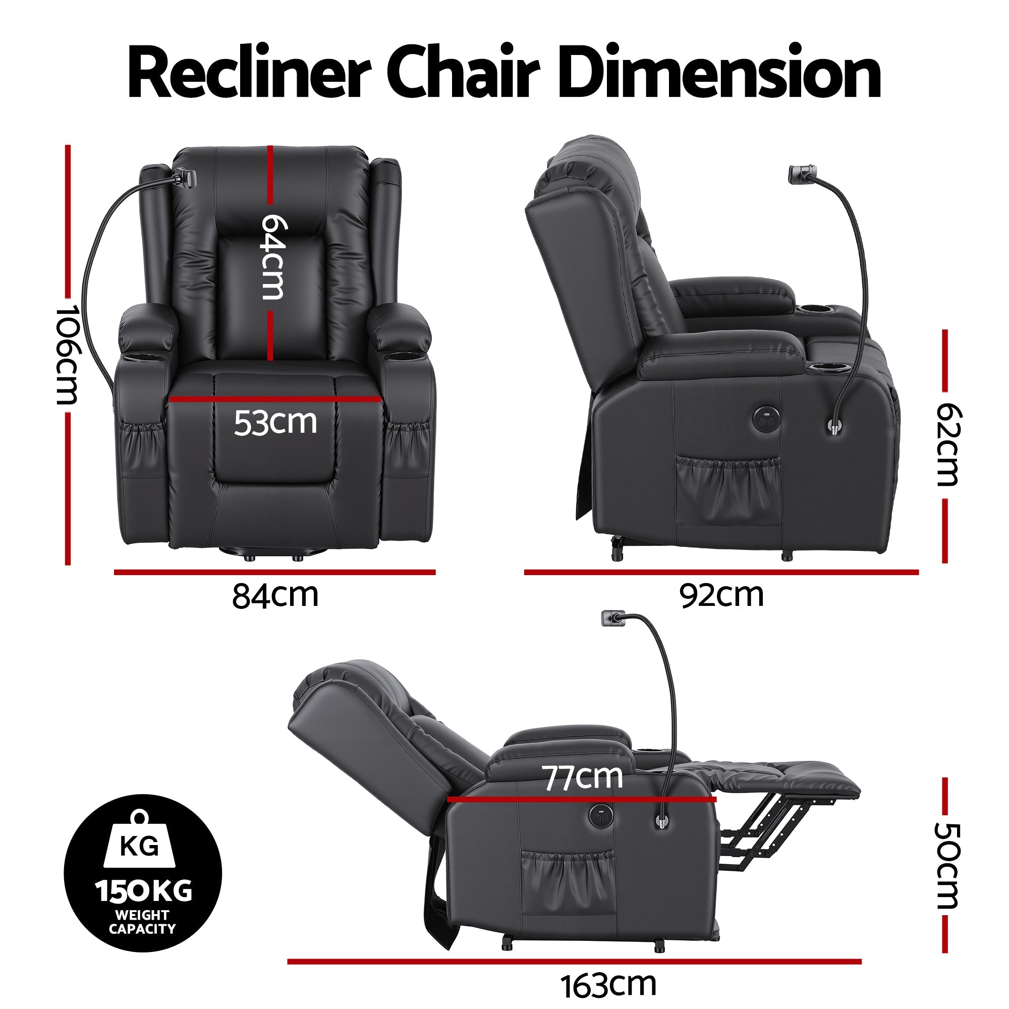 Power Lift Recliner Chair with Massage and Heat for Elderly, Electric Sofa Reclining Chair with USB and Phone Holder, PU Leather Comfy Armchair for Living Room, 2 Cup Holder & 4 Pockets, Black - Furniture > Bar Stools & Chairs > Arm Chairs & Recliners - Rivercity House & Home Co. (ABN 18 642 972 209) - Affordable Modern Furniture Australia
