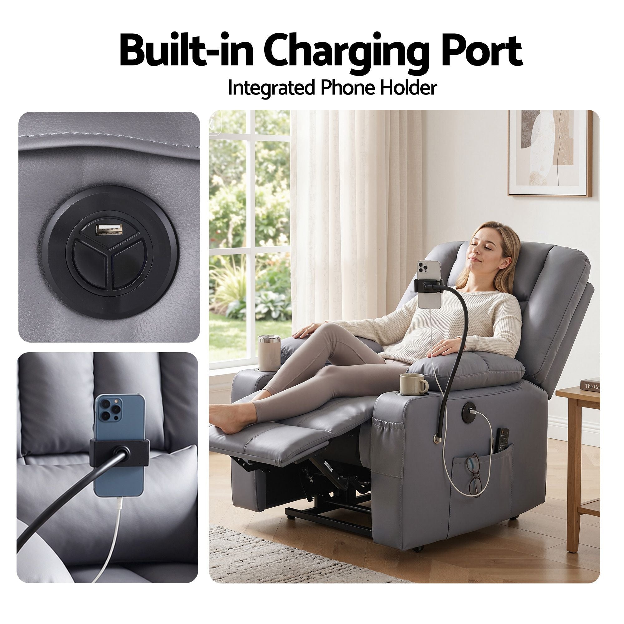 Power Lift Recliner Chair with Massage and Heat for Elderly, Electric Sofa Reclining Chair with USB and Phone Holder, PU Leather Comfy Armchair for Living Room, 2 Cup Holder & 4 Pockets, Grey - Furniture > Bar Stools & Chairs > Arm Chairs & Recliners - Rivercity House & Home Co. (ABN 18 642 972 209) - Affordable Modern Furniture Australia
