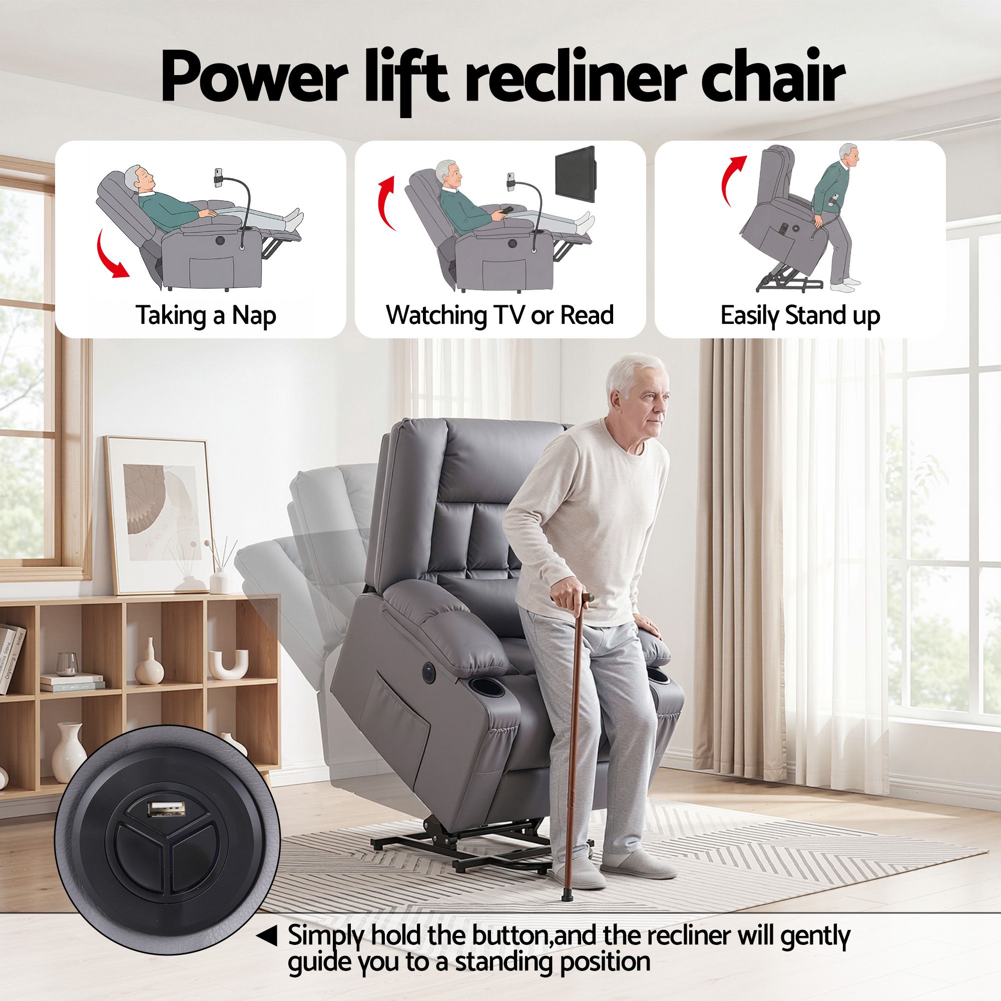 Power Lift Recliner Chair with Massage and Heat for Elderly, Electric Sofa Reclining Chair with USB and Phone Holder, PU Leather Comfy Armchair for Living Room, 2 Cup Holder & 4 Pockets, Grey - Furniture > Bar Stools & Chairs > Arm Chairs & Recliners - Rivercity House & Home Co. (ABN 18 642 972 209) - Affordable Modern Furniture Australia