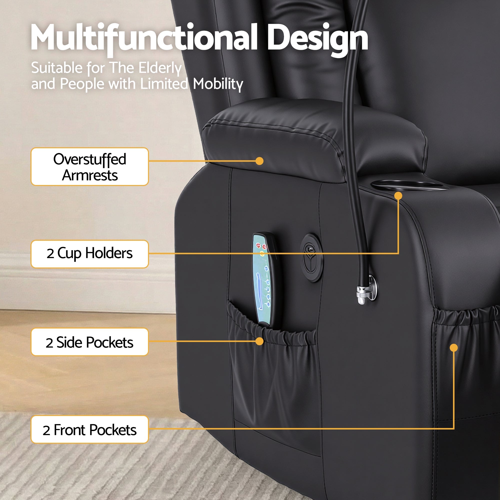 Power Lift Recliner Chair with Massage and Heat for Elderly, Electric Sofa Reclining Chair with USB and Phone Holder, PU Leather Comfy Armchair for Living Room, 2 Cup Holder & 4 Pockets, Black - Furniture > Bar Stools & Chairs > Arm Chairs & Recliners - Rivercity House & Home Co. (ABN 18 642 972 209) - Affordable Modern Furniture Australia
