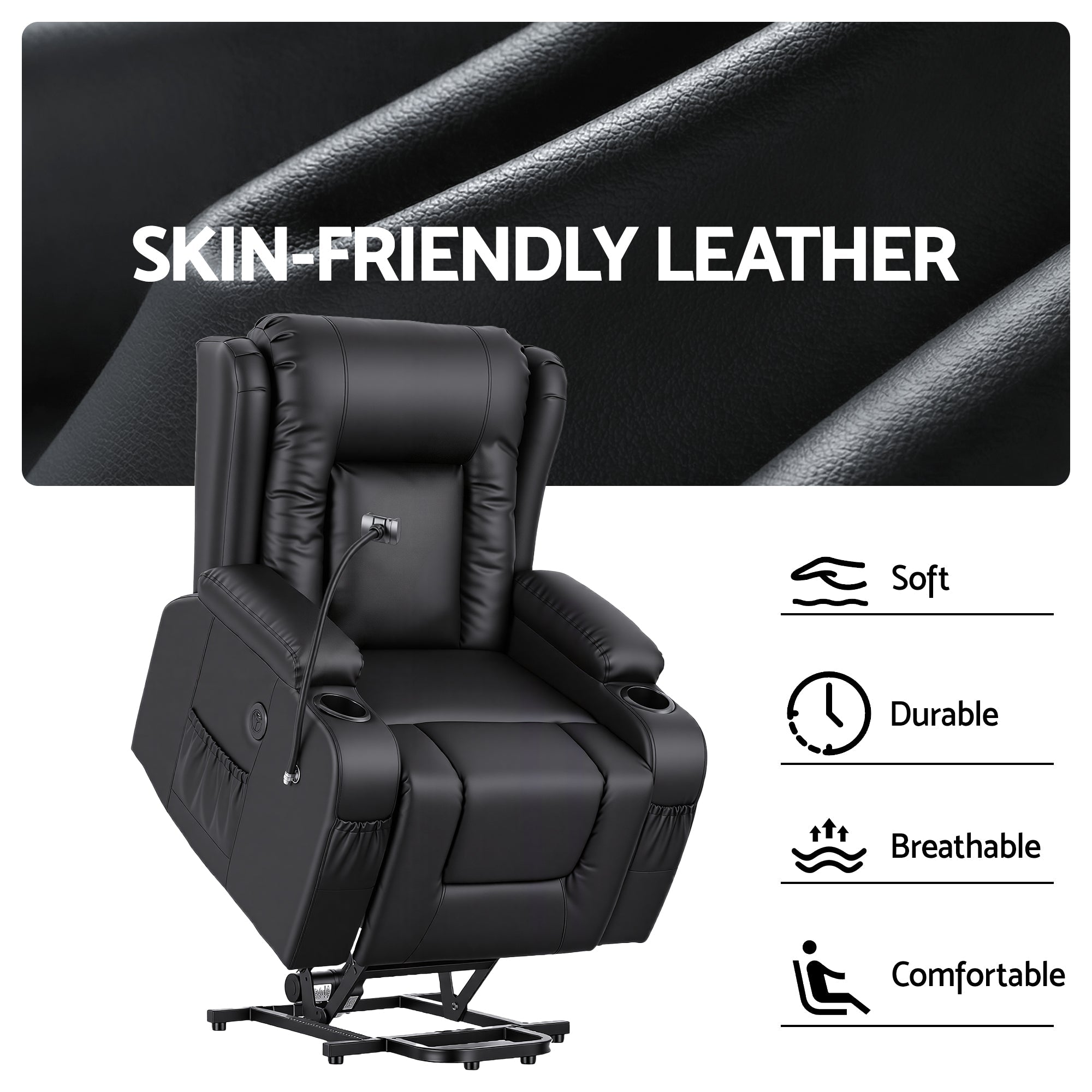 Power Lift Recliner Chair with Massage and Heat for Elderly, Electric Sofa Reclining Chair with USB and Phone Holder, PU Leather Comfy Armchair for Living Room, 2 Cup Holder & 4 Pockets, Black - Furniture > Bar Stools & Chairs > Arm Chairs & Recliners - Rivercity House & Home Co. (ABN 18 642 972 209) - Affordable Modern Furniture Australia