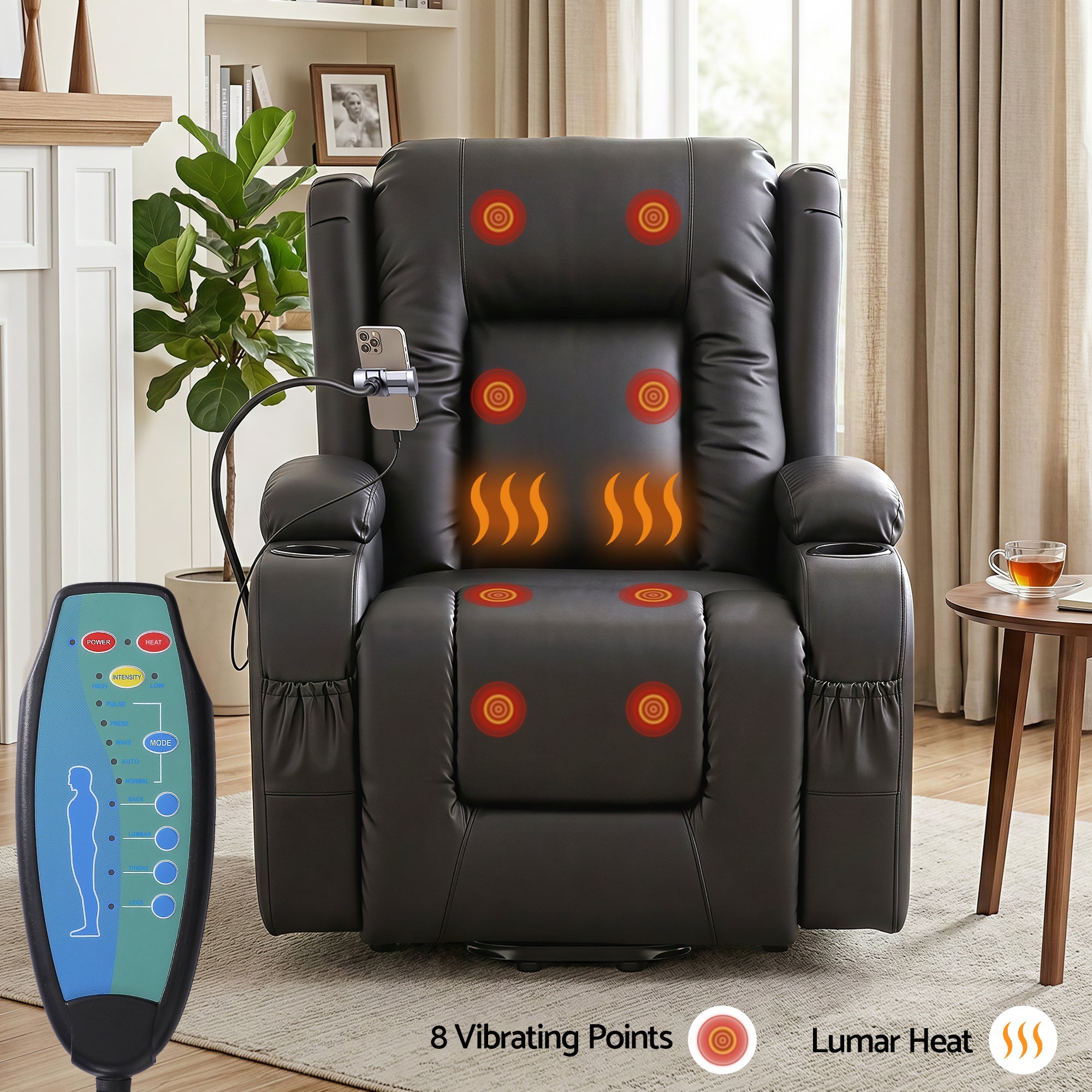 Power Lift Recliner Chair with Massage and Heat for Elderly, Electric Sofa Reclining Chair with USB and Phone Holder, PU Leather Comfy Armchair for Living Room, 2 Cup Holder & 4 Pockets, Black - Furniture > Bar Stools & Chairs > Arm Chairs & Recliners - Rivercity House & Home Co. (ABN 18 642 972 209) - Affordable Modern Furniture Australia