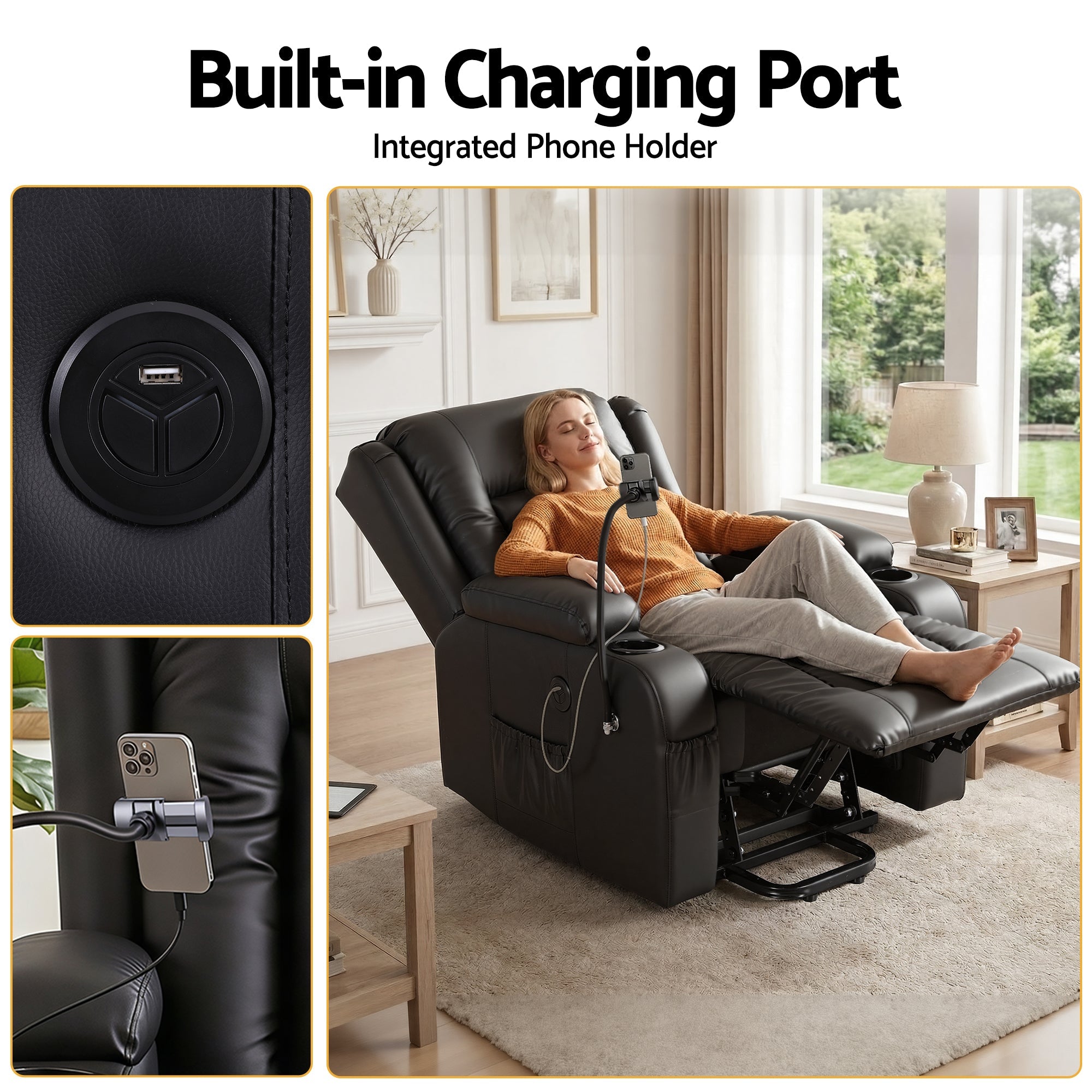 Power Lift Recliner Chair with Massage and Heat for Elderly, Electric Sofa Reclining Chair with USB and Phone Holder, PU Leather Comfy Armchair for Living Room, 2 Cup Holder & 4 Pockets, Black - Furniture > Bar Stools & Chairs > Arm Chairs & Recliners - Rivercity House & Home Co. (ABN 18 642 972 209) - Affordable Modern Furniture Australia