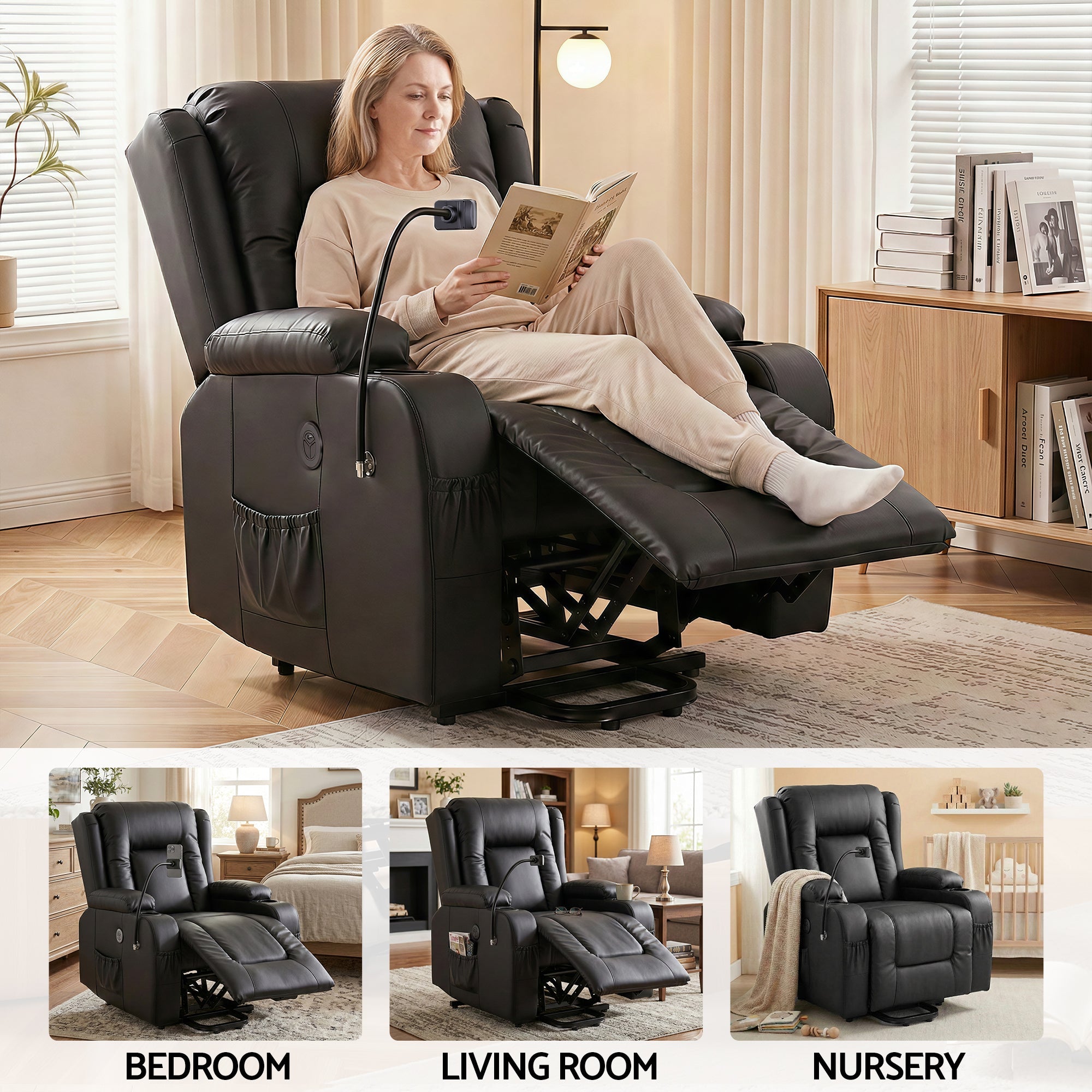 Power Lift Recliner Chair with Massage and Heat for Elderly, Electric Sofa Reclining Chair with USB and Phone Holder, PU Leather Comfy Armchair for Living Room, 2 Cup Holder & 4 Pockets, Black - Furniture > Bar Stools & Chairs > Arm Chairs & Recliners - Rivercity House & Home Co. (ABN 18 642 972 209) - Affordable Modern Furniture Australia