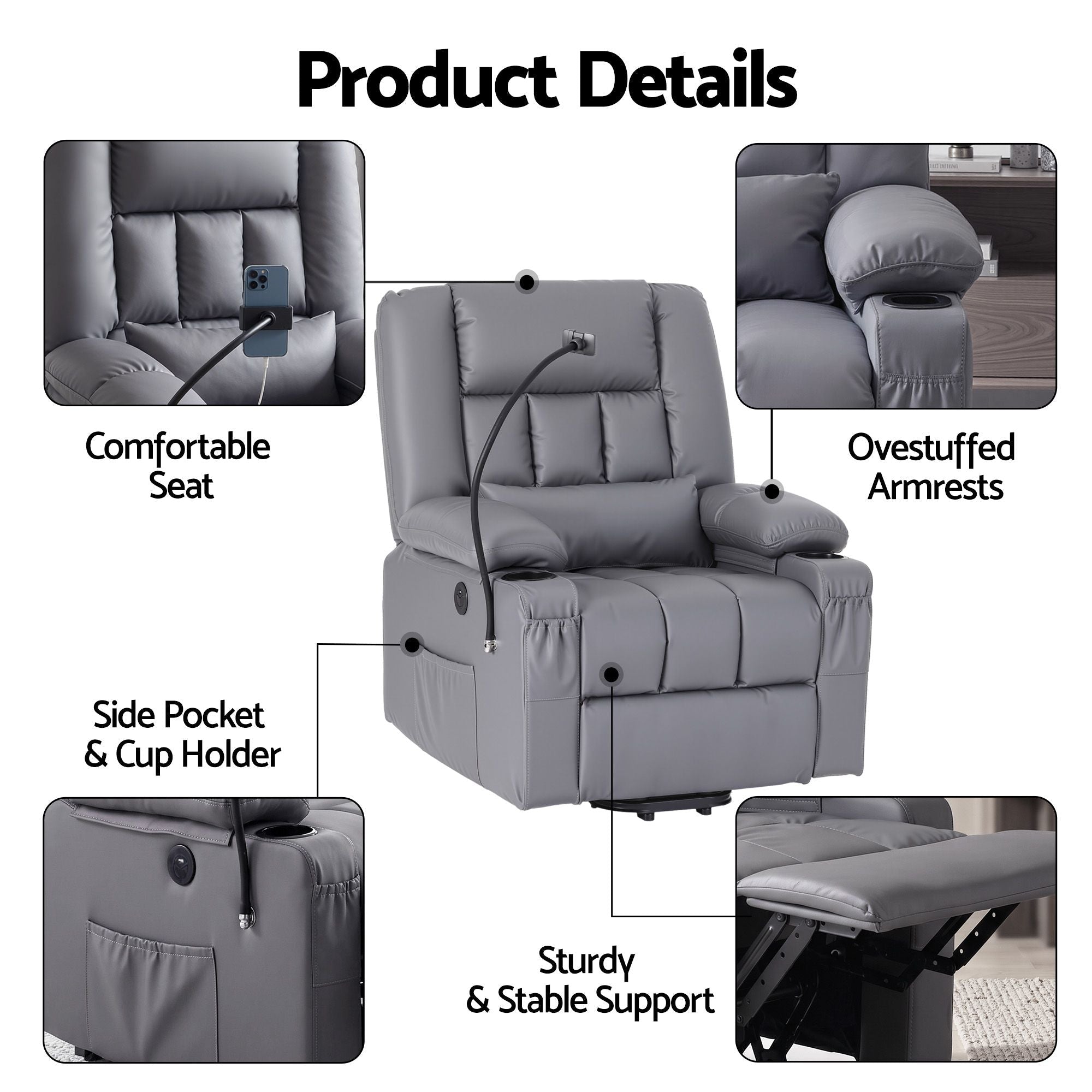 Power Lift Recliner Chair with Massage and Heat for Elderly, Electric Sofa Reclining Chair with USB and Phone Holder, PU Leather Comfy Armchair for Living Room, 2 Cup Holder & 4 Pockets, Grey - Furniture > Bar Stools & Chairs > Arm Chairs & Recliners - Rivercity House & Home Co. (ABN 18 642 972 209) - Affordable Modern Furniture Australia