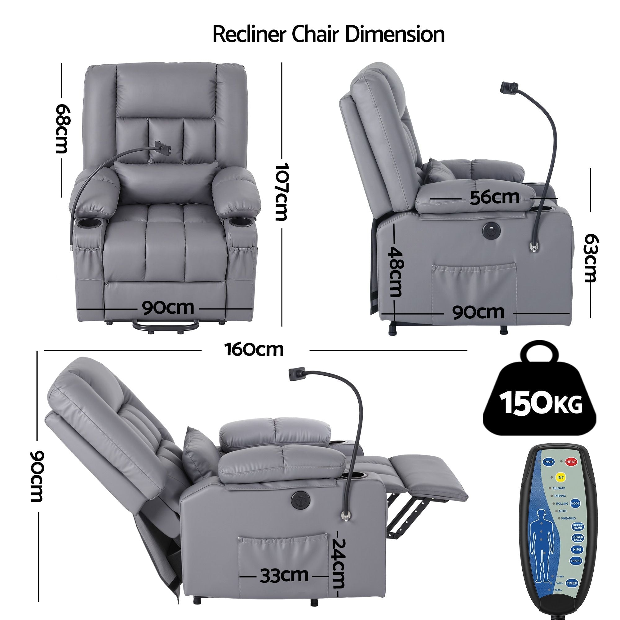 Power Lift Recliner Chair with Massage and Heat for Elderly, Electric Sofa Reclining Chair with USB and Phone Holder, PU Leather Comfy Armchair for Living Room, 2 Cup Holder & 4 Pockets, Grey - Furniture > Bar Stools & Chairs > Arm Chairs & Recliners - Rivercity House & Home Co. (ABN 18 642 972 209) - Affordable Modern Furniture Australia