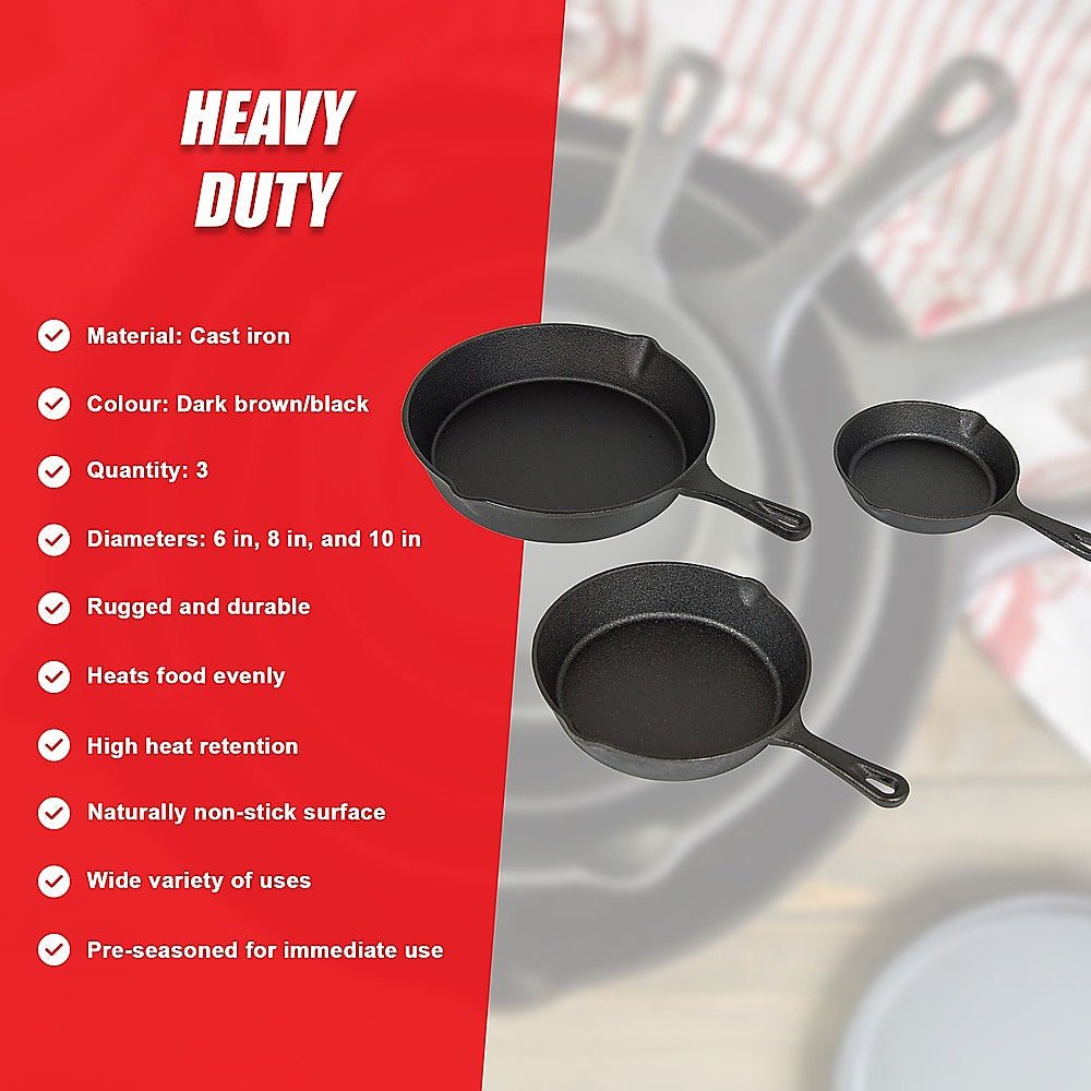 Pre Seasoned Cast Iron Skillet Fry Pan Set 3 Pcs Frying Pan Set - Home & Garden > Kitchenware > Kitchen Utensils - Rivercity House & Home Co. (ABN 18 642 972 209) - Affordable Modern Furniture Australia