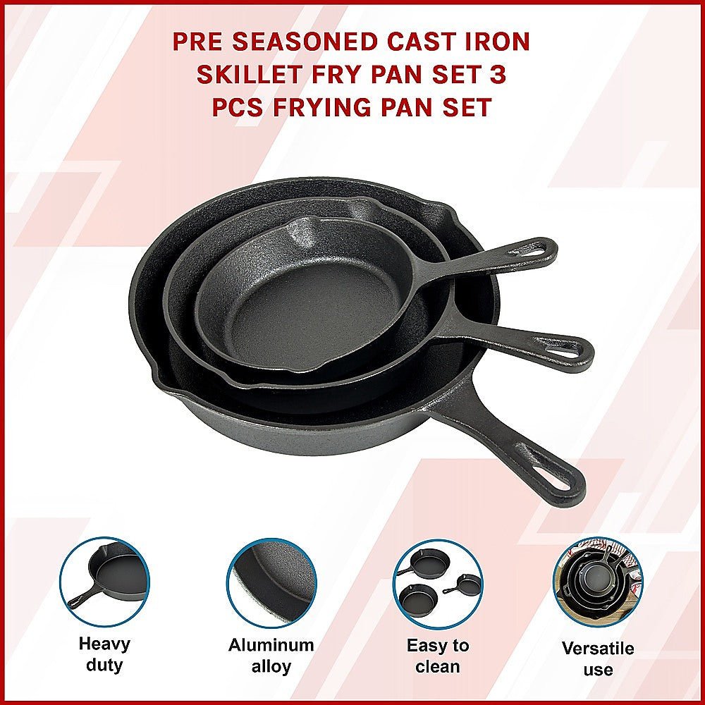 Pre Seasoned Cast Iron Skillet Fry Pan Set 3 Pcs Frying Pan Set - Home & Garden > Kitchenware > Kitchen Utensils - Rivercity House & Home Co. (ABN 18 642 972 209) - Affordable Modern Furniture Australia