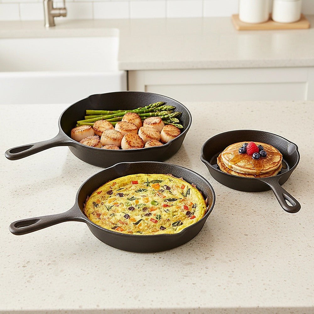 Pre Seasoned Cast Iron Skillet Fry Pan Set 3 Pcs Frying Pan Set - Home & Garden > Kitchenware > Kitchen Utensils - Rivercity House & Home Co. (ABN 18 642 972 209) - Affordable Modern Furniture Australia