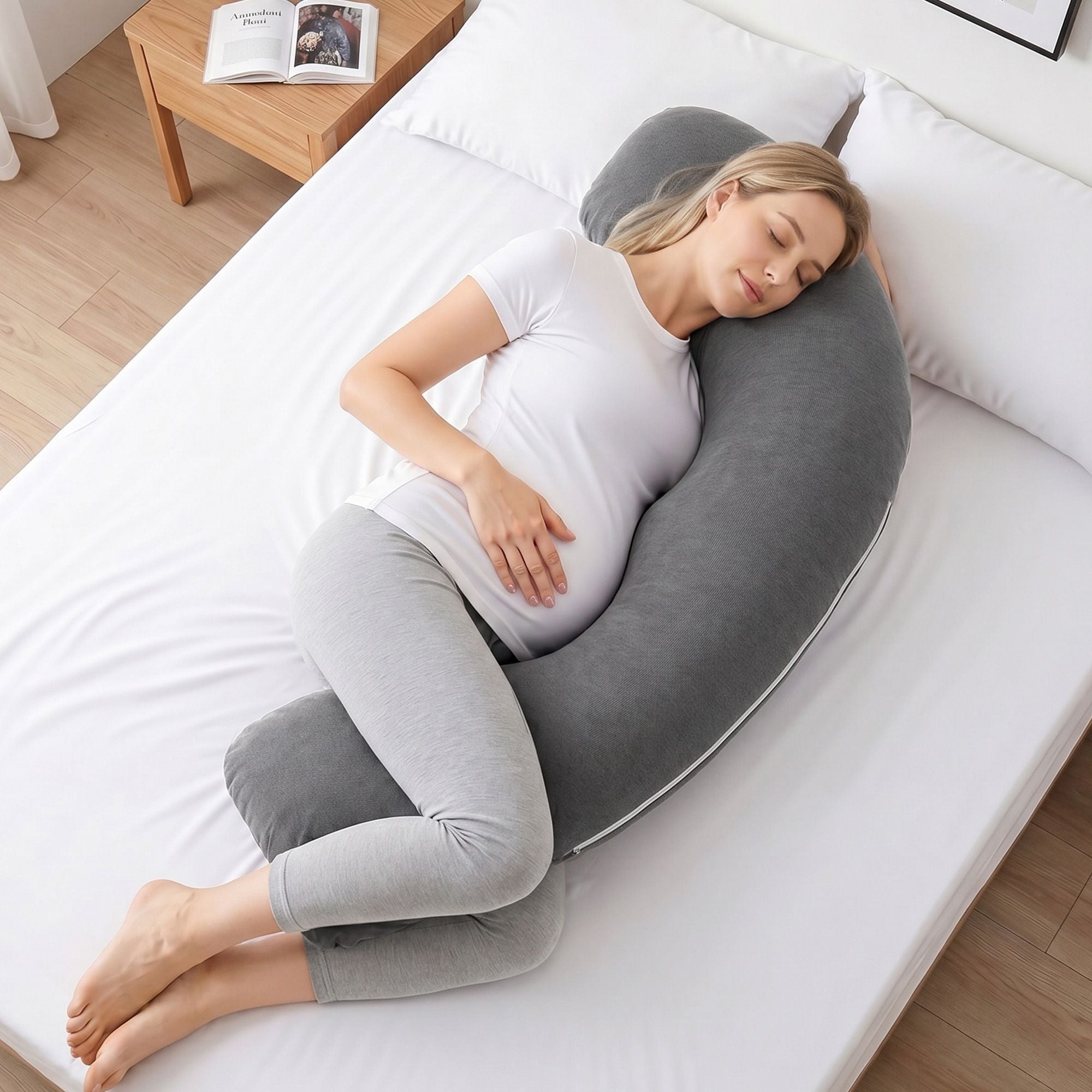 Pregnancy Pillow L-Shaped Maternity Body Pillow 63x115 cm with 100% Cotton Jersey Cover for Side Sleeping - Grey - Home & Garden > Bedding > Pillows - Rivercity House & Home Co. (ABN 18 642 972 209) - Affordable Modern Furniture Australia
