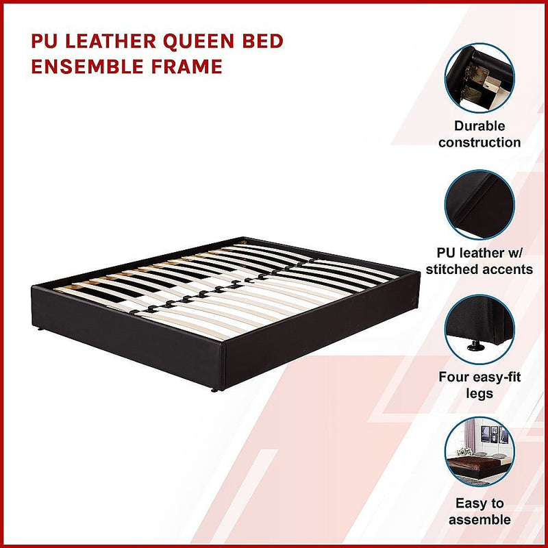 PU Leather Ensemble Queen Bed Frame Black - Rivercity House & Home Co. (ABN 18 642 972 209) - Affordable Modern Furniture Australia