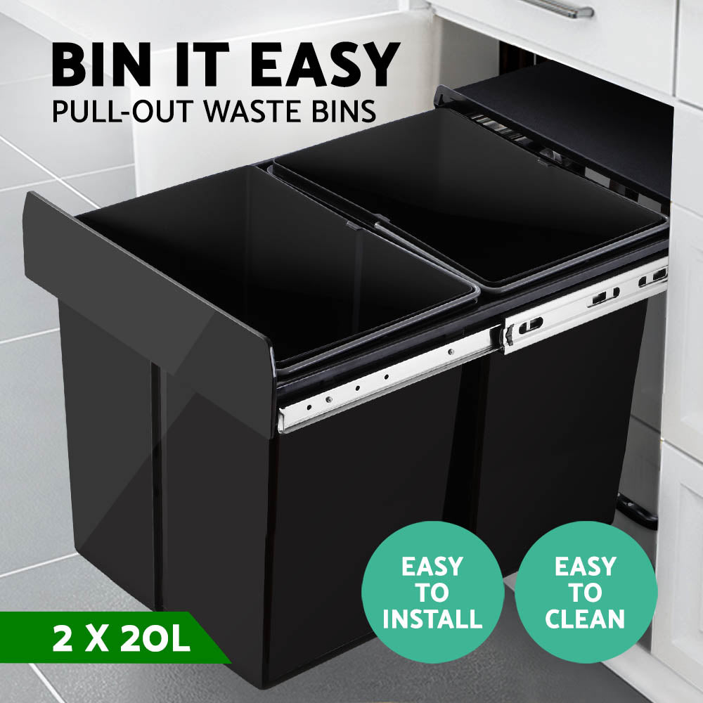 Pull Out Bin Kitchen Double Basket 2X20L Black - Home & Garden > Kitchen Bins > Pull Out Bins - Rivercity House & Home Co. (ABN 18 642 972 209) - Affordable Modern Furniture Australia
