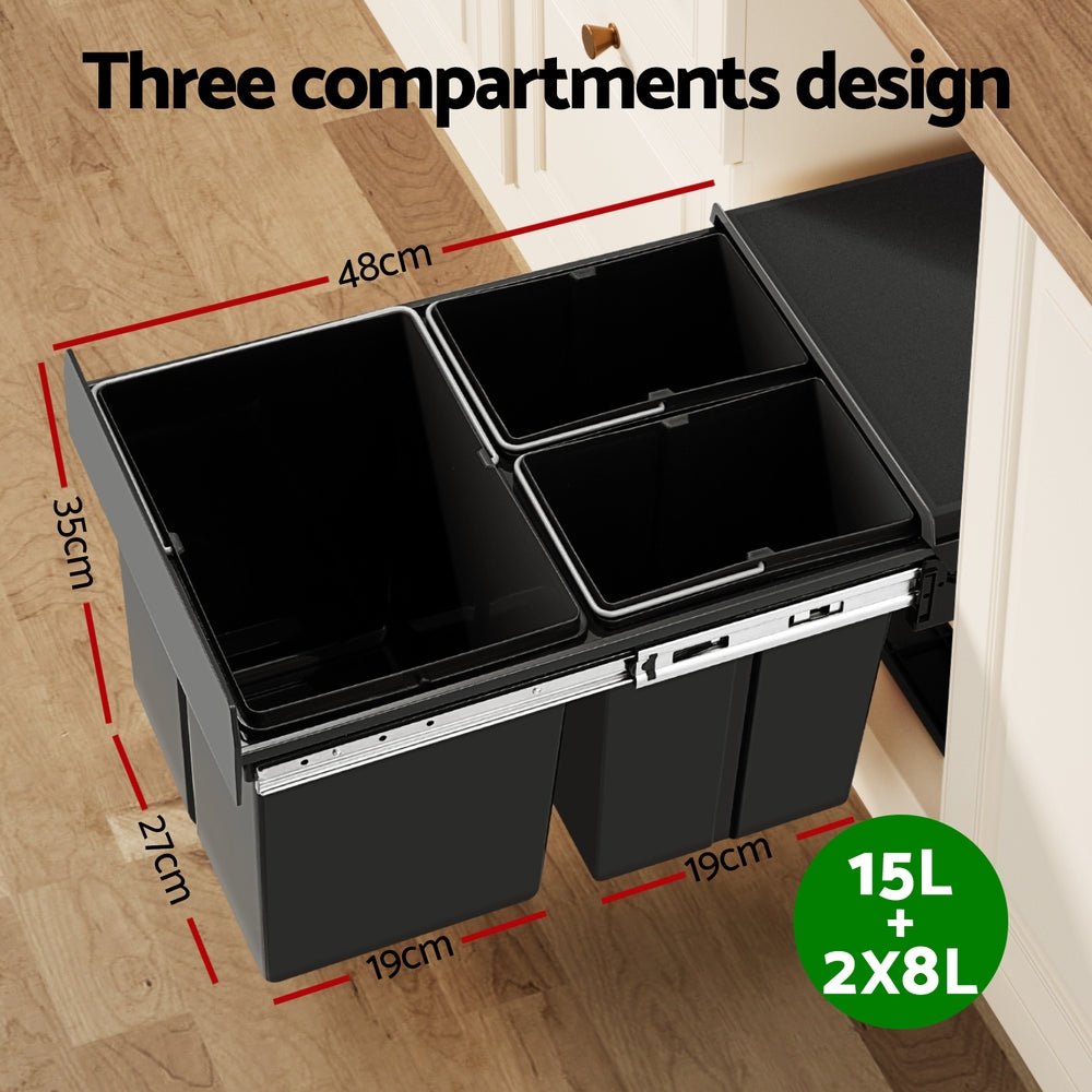 Pull Out Bin Kitchen Triple Slide Garbage Rubbish Bins Basket Blcak 31L - Home & Garden > Kitchen Bins > Pull Out Bins - Rivercity House & Home Co. (ABN 18 642 972 209) - Affordable Modern Furniture Australia