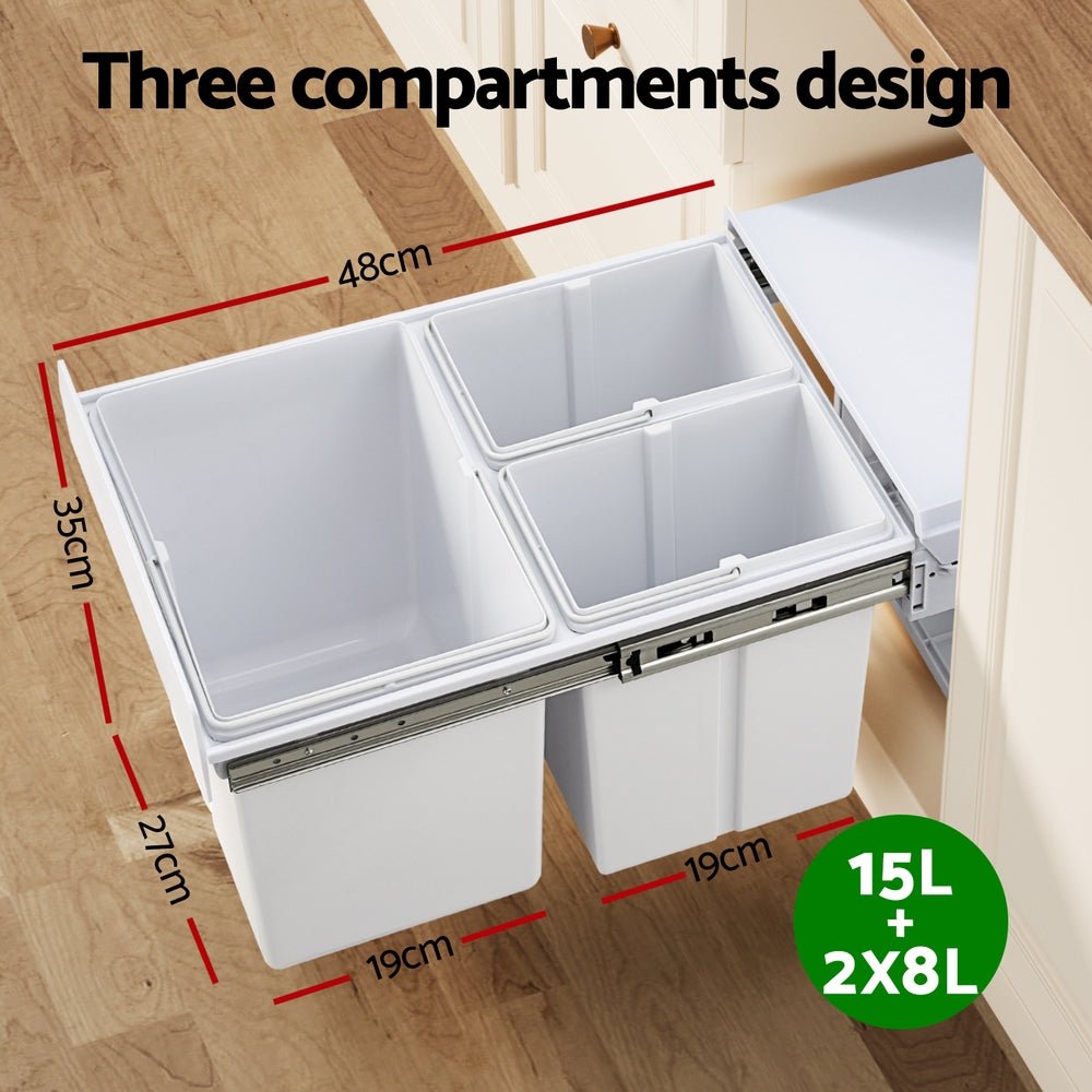 Pull Out Bin Kitchen Triple Slide Garbage Rubbish Bins Basket White 31L - Home & Garden > Kitchen Bins > Pull Out Bins - Rivercity House & Home Co. (ABN 18 642 972 209) - Affordable Modern Furniture Australia