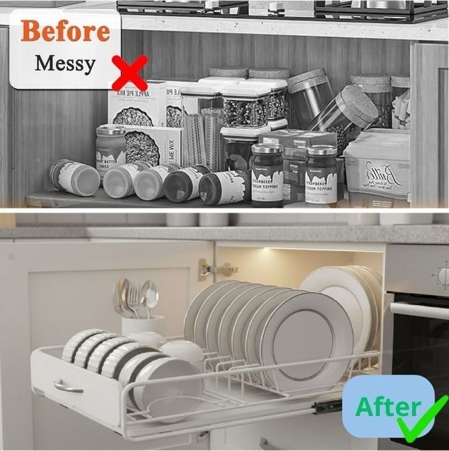 Pull Out Dish Rack with Slide Out Drawer Organiser for Plates, Bowls & Utensils - Metal Finish - Home & Garden > Kitchenware > Dish Racks - Rivercity House & Home Co. (ABN 18 642 972 209) - Affordable Modern Furniture Australia