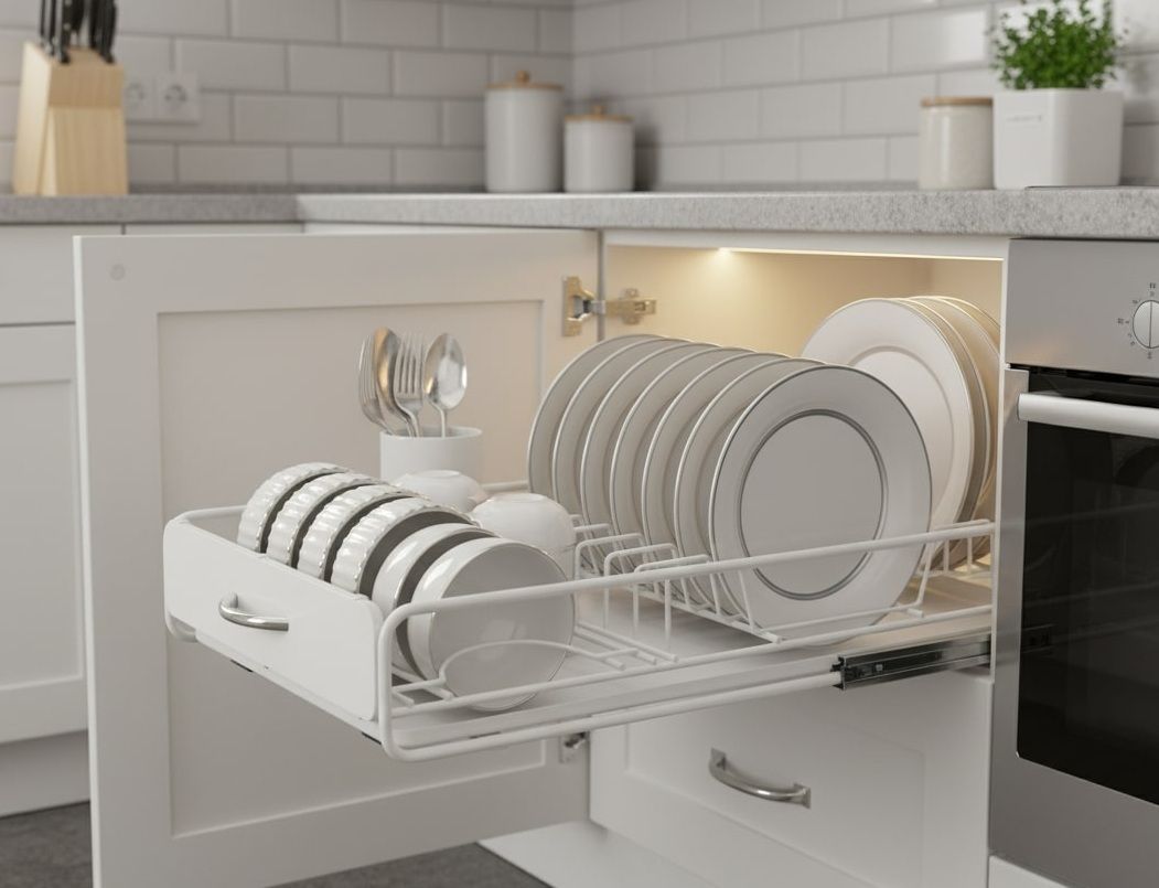 Pull Out Dish Rack with Slide Out Drawer Organiser for Plates, Bowls & Utensils - Metal Finish - Home & Garden > Kitchenware > Dish Racks - Rivercity House & Home Co. (ABN 18 642 972 209) - Affordable Modern Furniture Australia