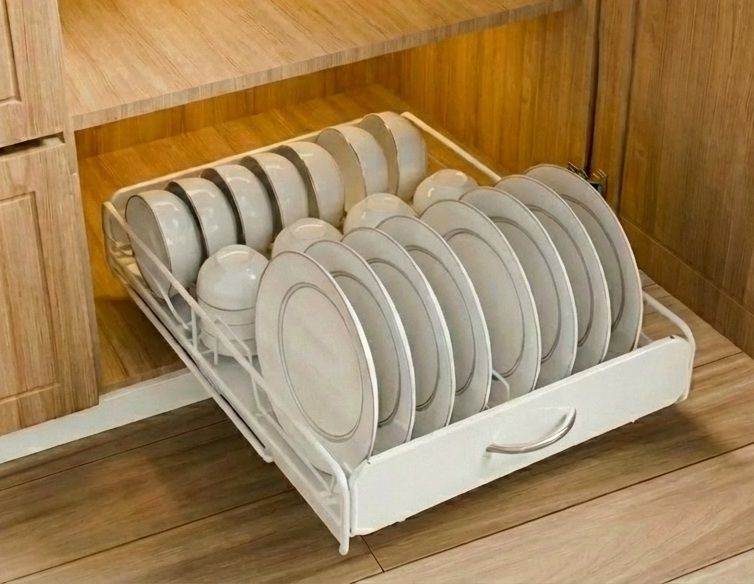 Pull Out Dish Rack with Slide Out Drawer Organiser for Plates, Bowls & Utensils - Metal Finish - Home & Garden > Kitchenware > Dish Racks - Rivercity House & Home Co. (ABN 18 642 972 209) - Affordable Modern Furniture Australia