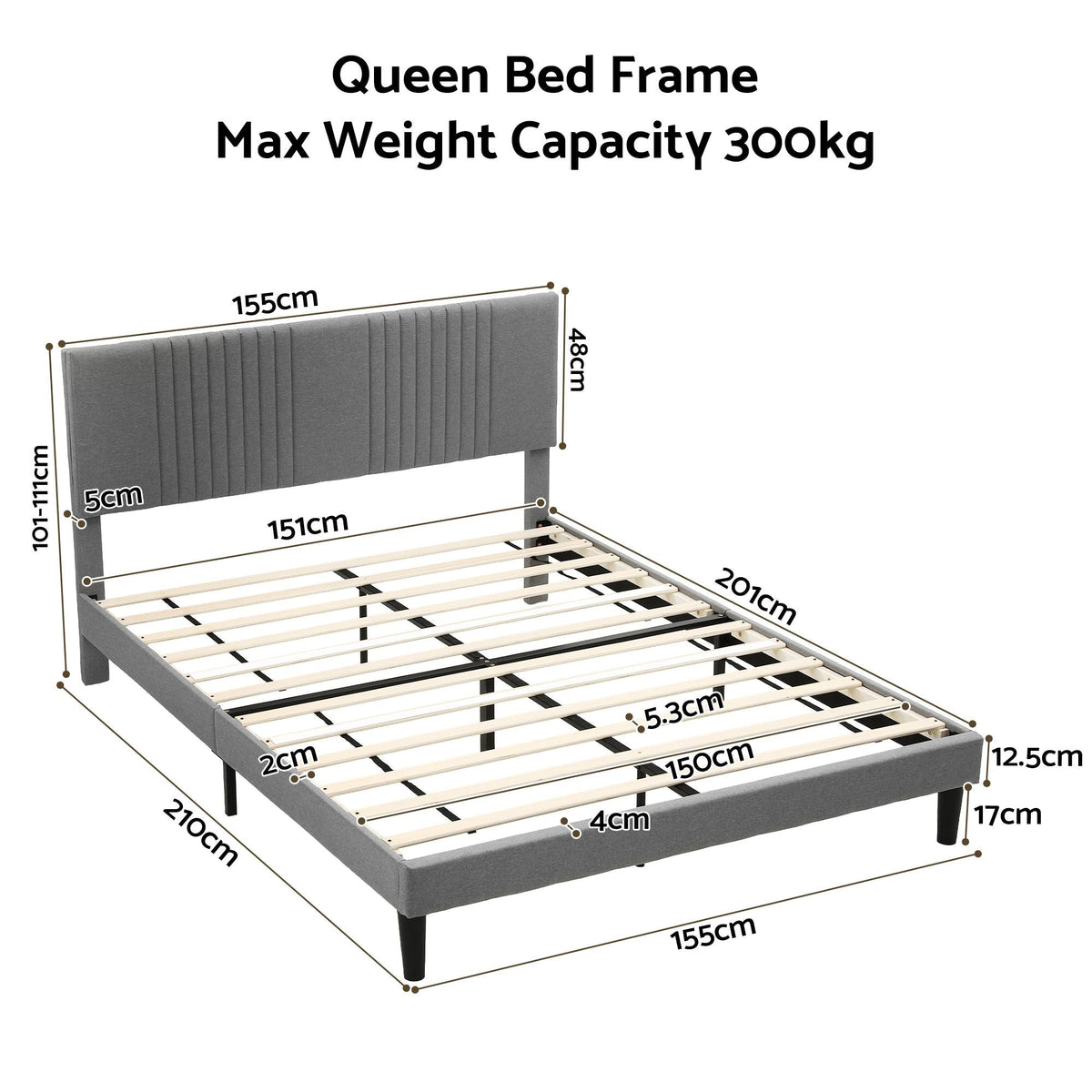 Queen Adjustable Headboard Bed Frame 300kg Capacity - Grey - Furniture > Bedroom > Beds & Bed Frames - Rivercity House & Home Co. (ABN 18 642 972 209) - Affordable Modern Furniture Australia
