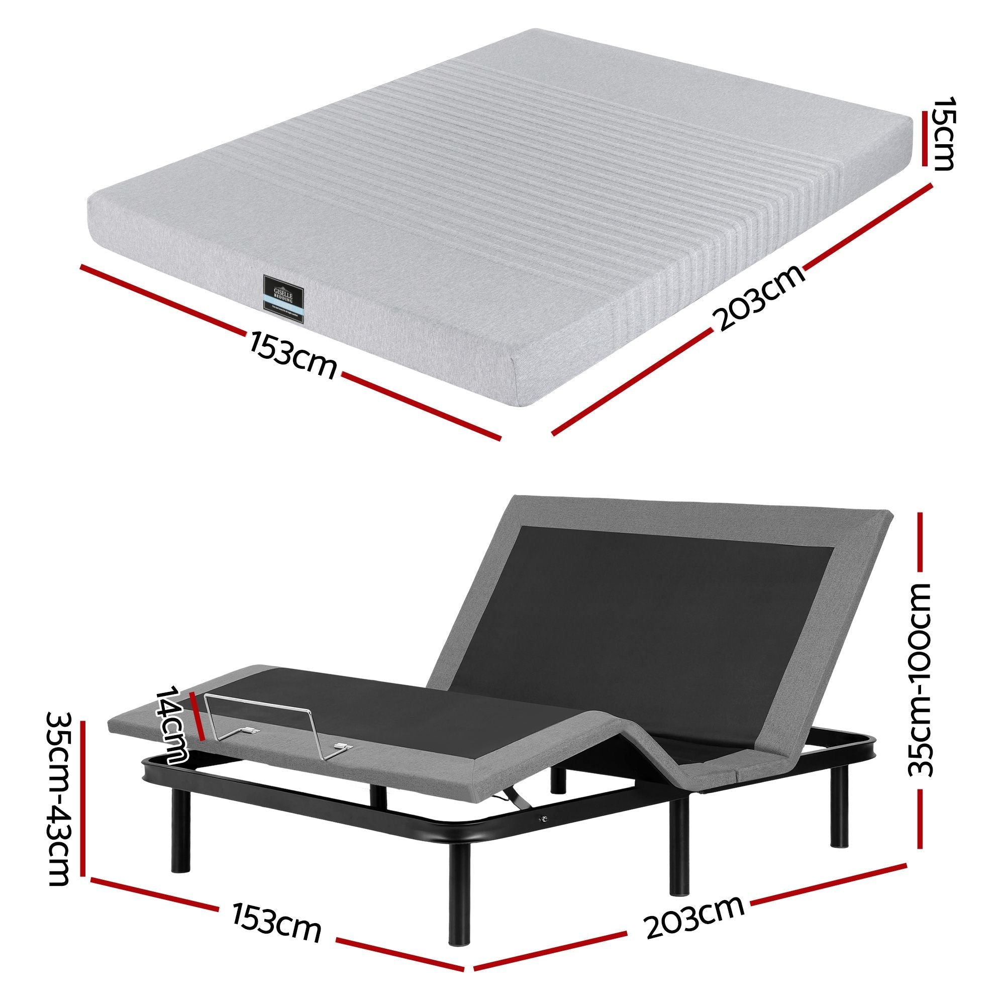 Queen Bed Frame and Giselle Bedding Queen Memory Foam Mattress Set, Electric Bed Base with Zero Gravity & 7 Zone Cooling Comfort for Back Pain Relief, Black & Grey, 15cm Thickness - Furniture > Bedroom > Beds & Bed Frames - Rivercity House & Home Co. (ABN 18 642 972 209) - Affordable Modern Furniture Australia