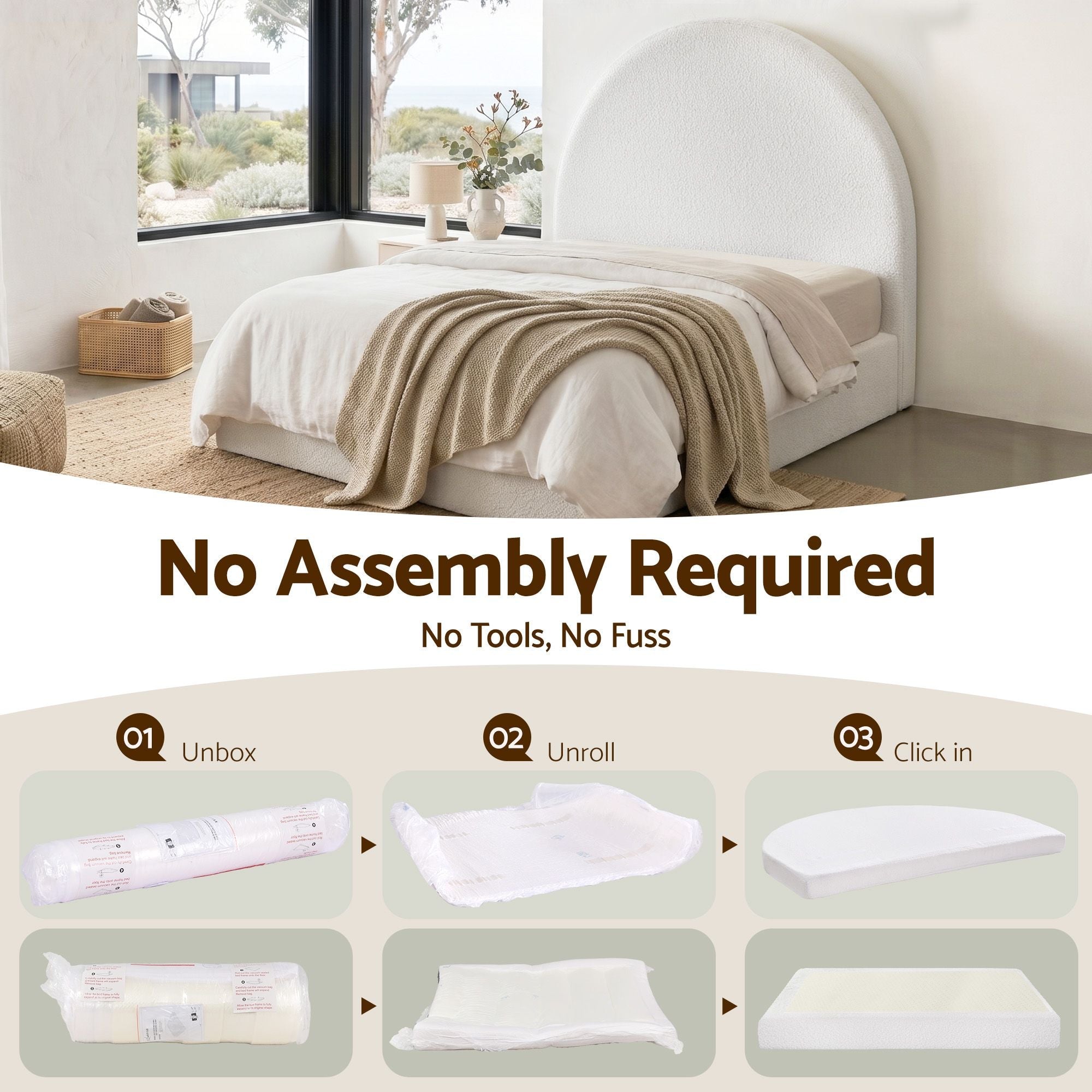Queen Bed Frame Boucle Fabric Vacuum Compressed Beds Removable Washable Cover No - Assembly - Furniture > Bedroom > Beds & Bed Frames - Rivercity House & Home Co. (ABN 18 642 972 209) - Affordable Modern Furniture Australia