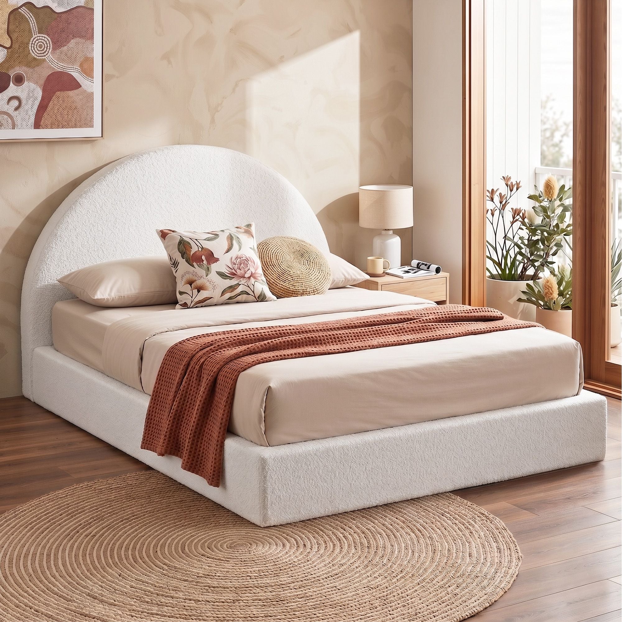 Queen Bed Frame Boucle Fabric Vacuum Compressed Beds Removable Washable Cover No - Assembly - Furniture > Bedroom > Beds & Bed Frames - Rivercity House & Home Co. (ABN 18 642 972 209) - Affordable Modern Furniture Australia