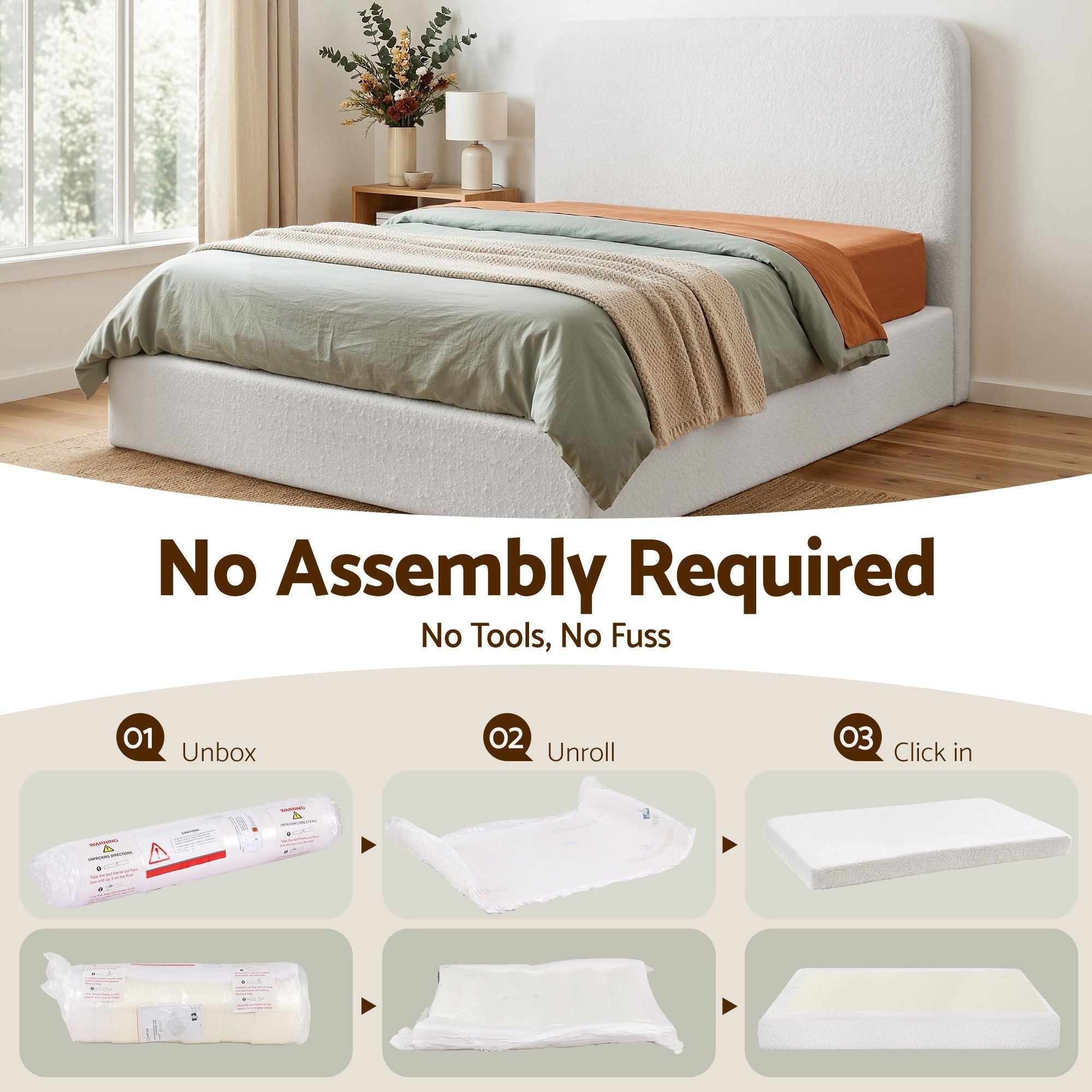 Queen Bed Frame Boucle Fabric Vacuum Compressed Beds Washable Cover No - Assembly - Furniture > Bedroom > Beds & Bed Frames - Rivercity House & Home Co. (ABN 18 642 972 209) - Affordable Modern Furniture Australia