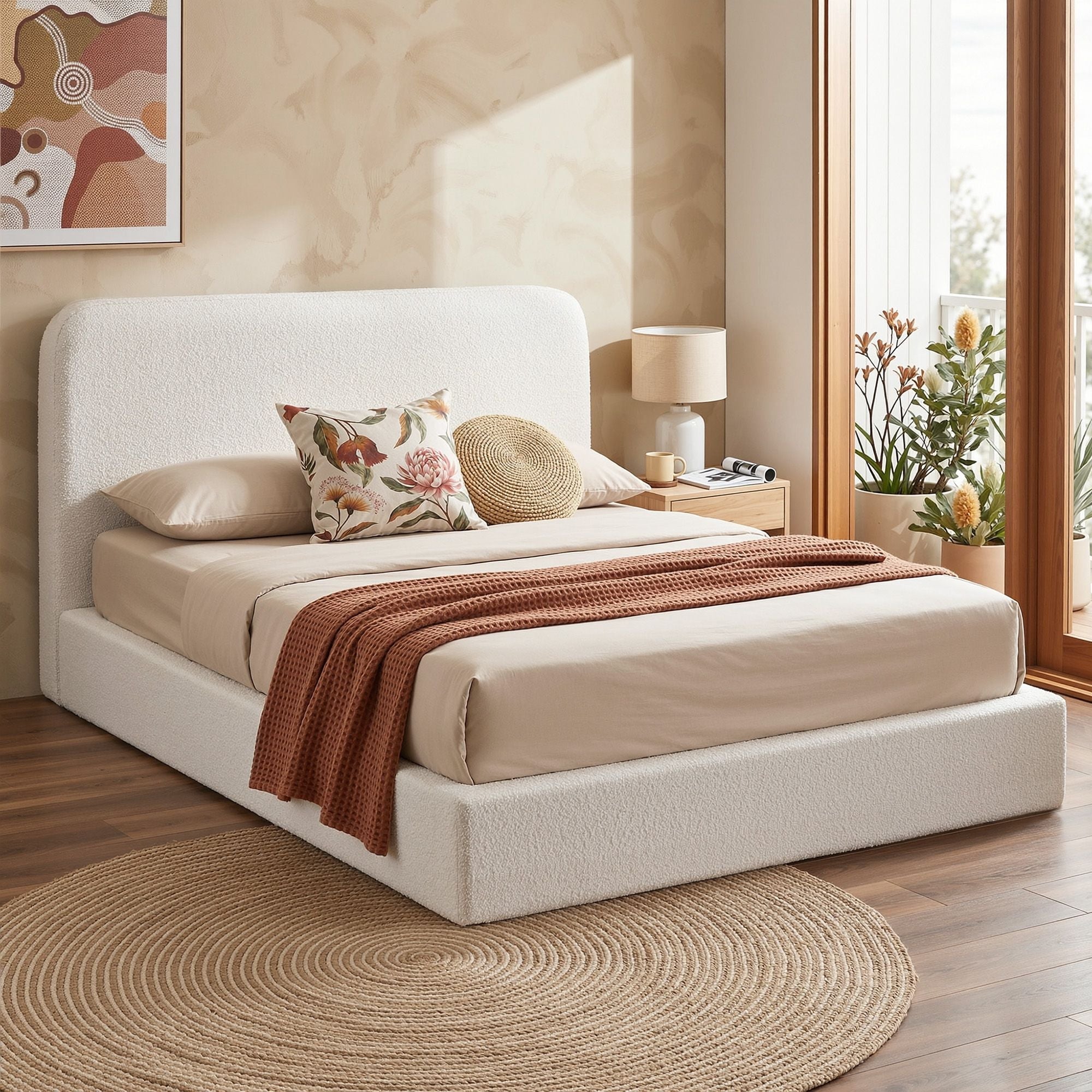 Queen Bed Frame Boucle Fabric Vacuum Compressed Beds Washable Cover No - Assembly - Furniture > Bedroom > Beds & Bed Frames - Rivercity House & Home Co. (ABN 18 642 972 209) - Affordable Modern Furniture Australia