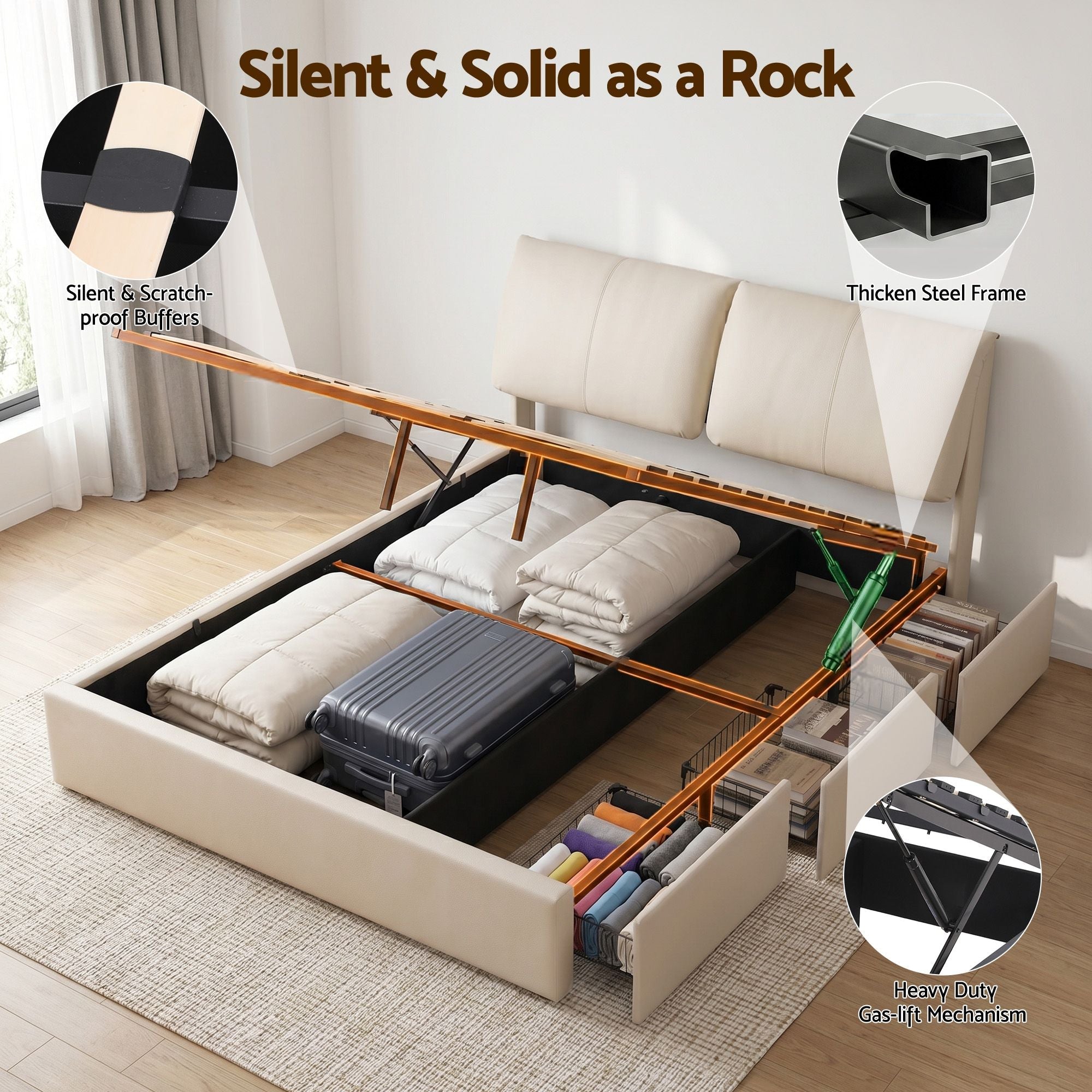 Queen Bed Frame Gas Lift Storage 3 Drawers Adjustable Headboard Platform Base - Furniture > Bedroom > Beds & Bed Frames - Rivercity House & Home Co. (ABN 18 642 972 209) - Affordable Modern Furniture Australia