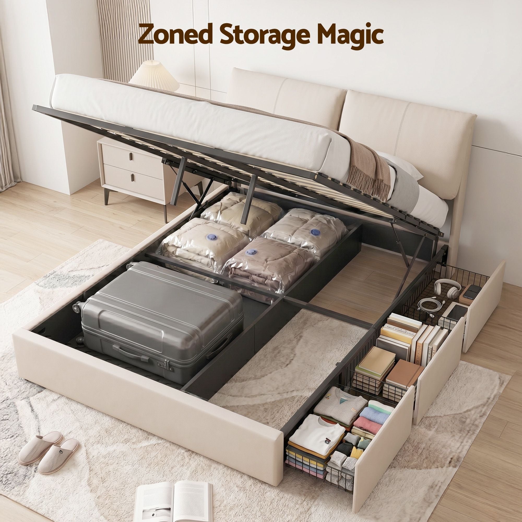Queen Bed Frame Gas Lift Storage 3 Drawers Adjustable Headboard Platform Base - Furniture > Bedroom > Beds & Bed Frames - Rivercity House & Home Co. (ABN 18 642 972 209) - Affordable Modern Furniture Australia
