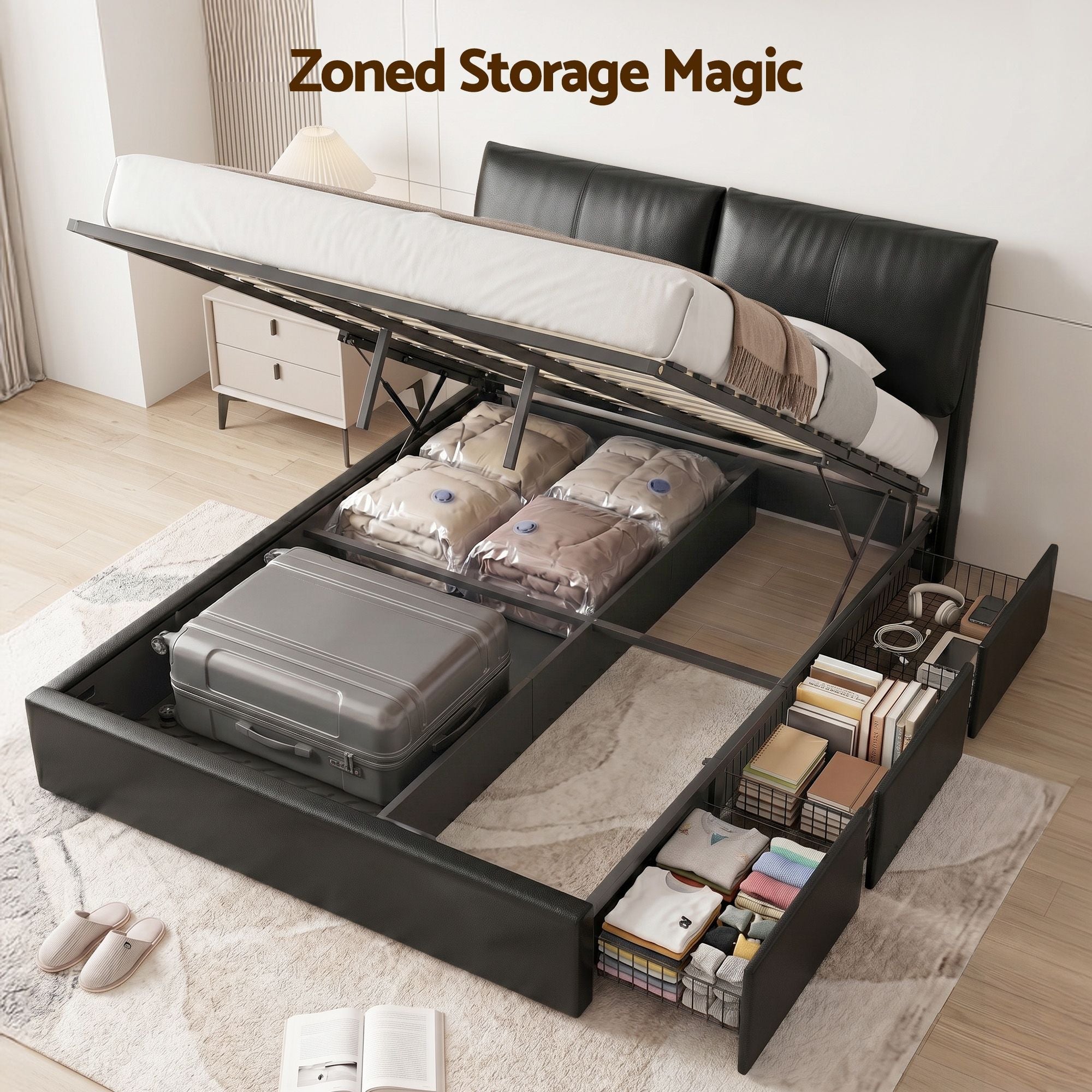 Queen Bed Frame Gas Lift Storage 3 Drawers Adjustable Headboard Platform Bed Black - Furniture > Bedroom > Beds & Bed Frames - Rivercity House & Home Co. (ABN 18 642 972 209) - Affordable Modern Furniture Australia