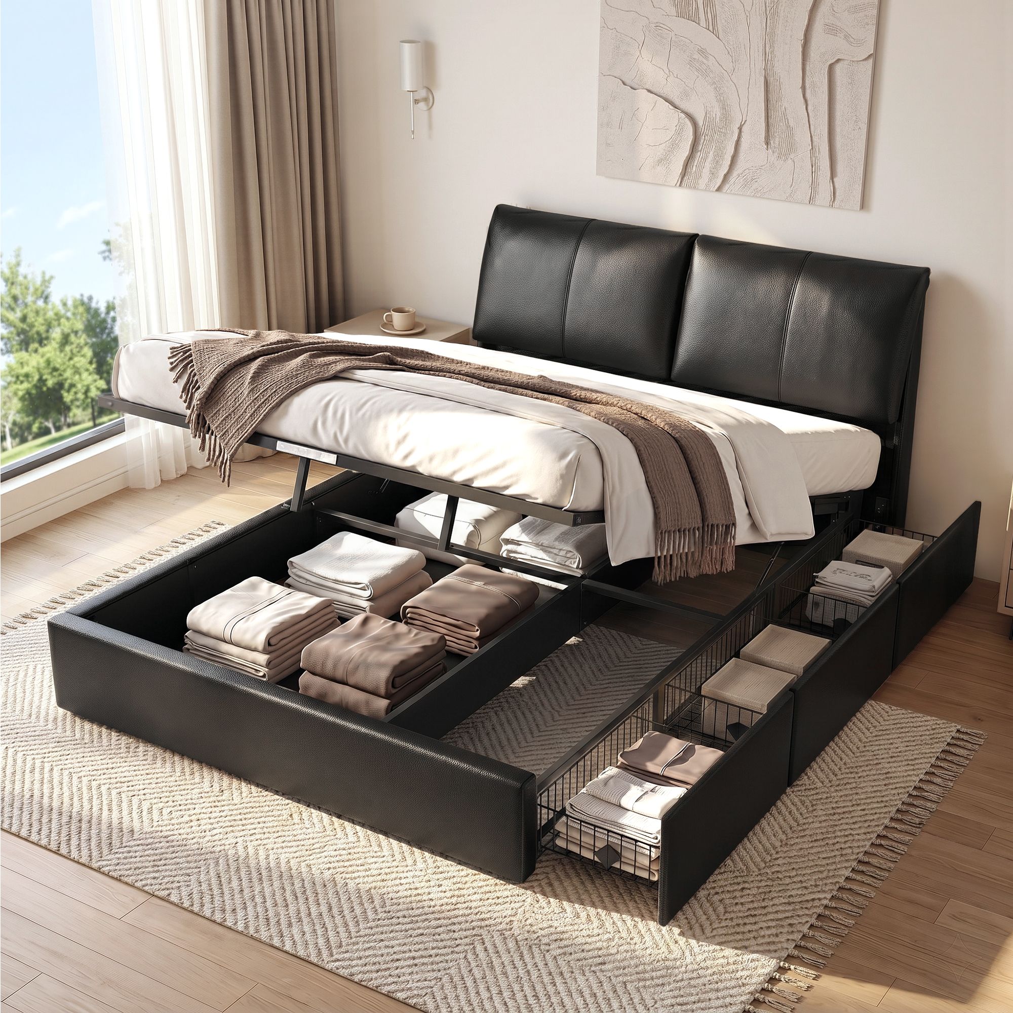 Queen Bed Frame Gas Lift Storage 3 Drawers Adjustable Headboard Platform Bed Black - Furniture > Bedroom > Beds & Bed Frames - Rivercity House & Home Co. (ABN 18 642 972 209) - Affordable Modern Furniture Australia