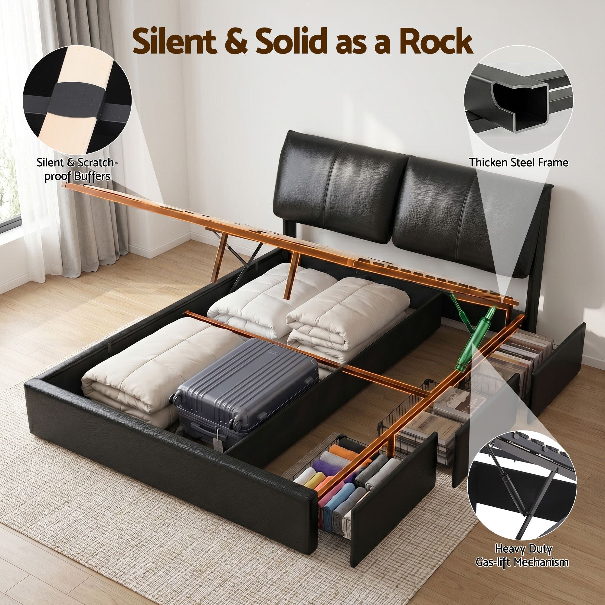 Queen Bed Frame Gas Lift Storage 3 Drawers Adjustable Headboard Platform Bed Black - Furniture > Bedroom > Beds & Bed Frames - Rivercity House & Home Co. (ABN 18 642 972 209) - Affordable Modern Furniture Australia