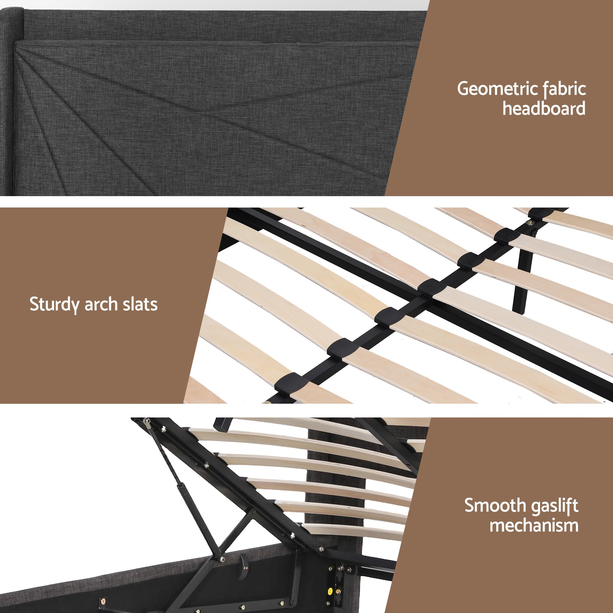 Queen Bed Frame Gas Lift Storage Bed with Charging Ports Upholstered Geometric Headboard Charcoal Grey - Furniture > Bedroom > Beds & Bed Frames - Rivercity House & Home Co. (ABN 18 642 972 209) - Affordable Modern Furniture Australia