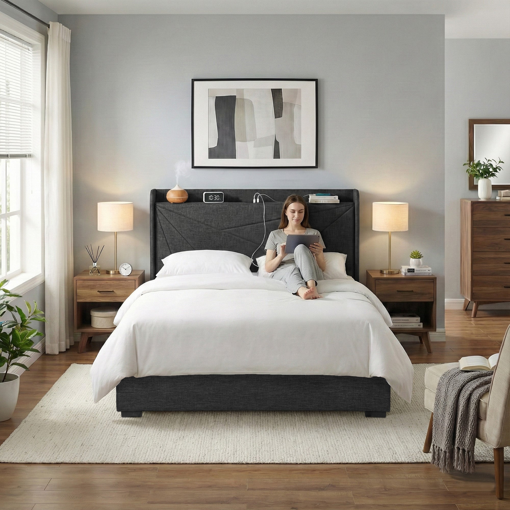 Queen Bed Frame Gas Lift Storage Bed with Charging Ports Upholstered Geometric Headboard Charcoal Grey - Furniture > Bedroom > Beds & Bed Frames - Rivercity House & Home Co. (ABN 18 642 972 209) - Affordable Modern Furniture Australia