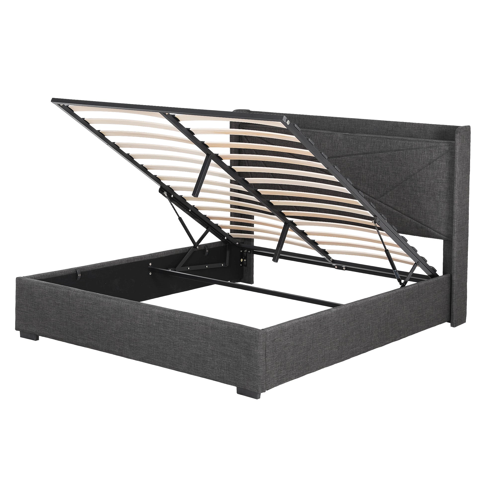 Queen Bed Frame Gas Lift Storage Bed with Charging Ports Upholstered Geometric Headboard Charcoal Grey - Furniture > Bedroom > Beds & Bed Frames - Rivercity House & Home Co. (ABN 18 642 972 209) - Affordable Modern Furniture Australia